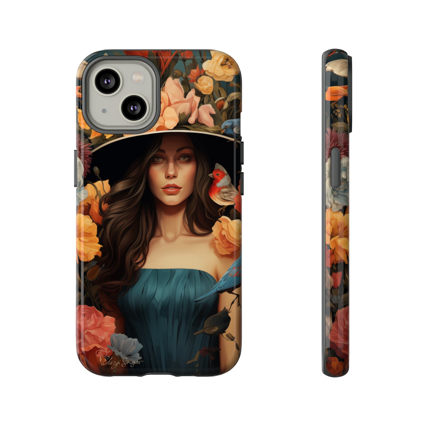 Dark Elegance Unveiled: Explore our Tough Cell Phone Case with a captivating dark background and a woman adorned with a hat amid blooming flowers. This edition seamlessly blends sophistication with robust protection, showcasing the allure of dark elegance. Elevate your style and shield your device. #ElizaSinger #PhoneCase #ElegantProtection
