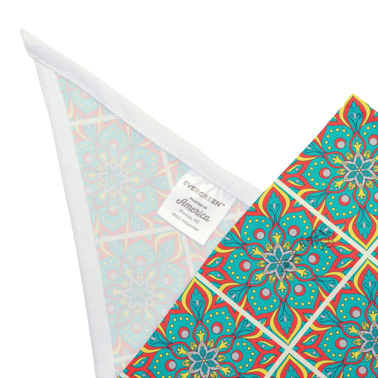 Elevate your dog's style with our Tiled Mandala Dog Bandana/Wild Rag. The turquoise, red, and yellow tiled mandala style design adds a touch of intricate elegance. Crafted from soft-spun polyester, this wild rag ensures comfort and durability. Make every stroll a stylish affair with this exclusive design, available only at Eliza Singer.