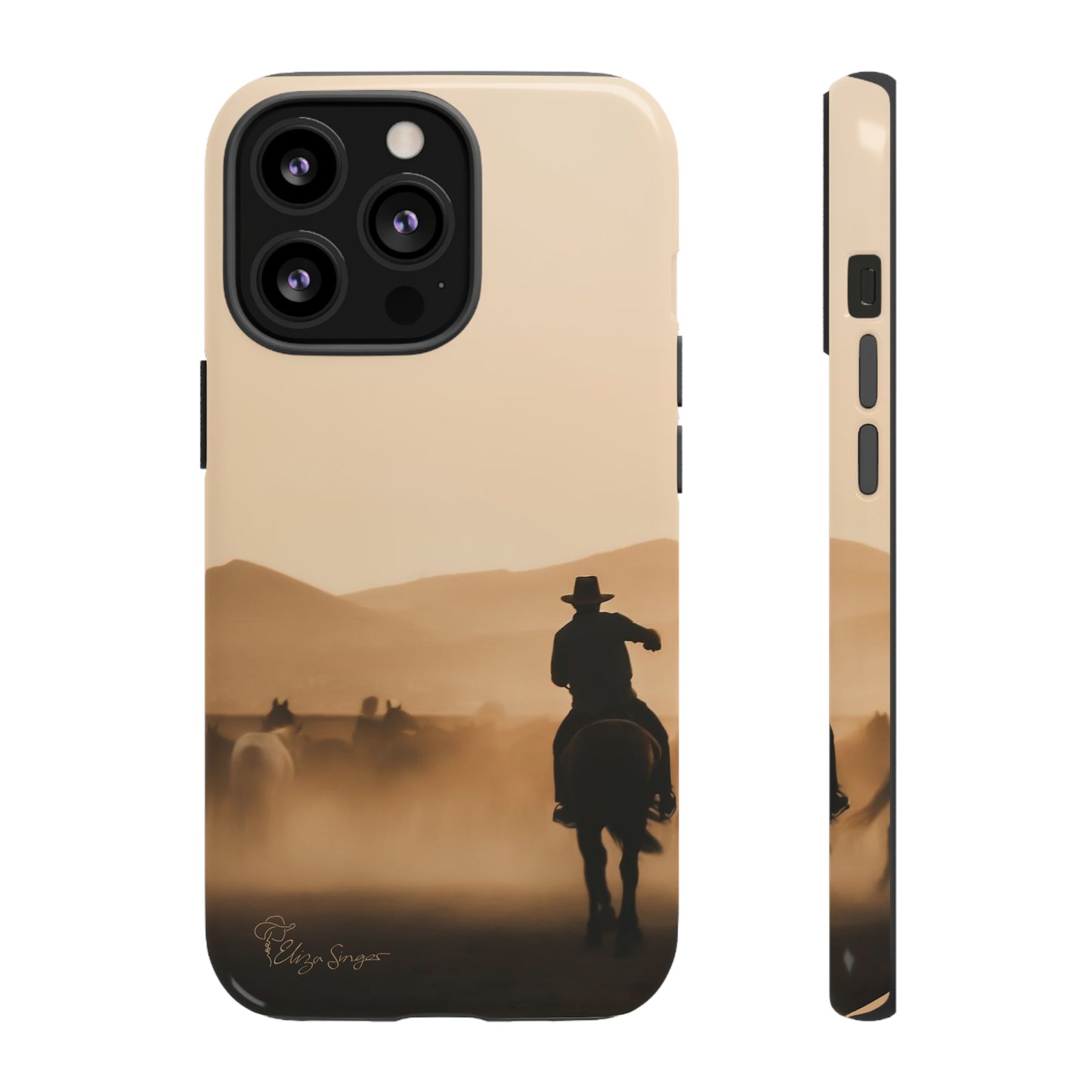 Capture the Western Spirit: Horse Art Western Photo Yellowstone Design iPhone Tough Protective Cover. Featuring a Cowboy amidst Mountains and Buckskin hues. Compatible with iPhone 15, 14, 13, XS, XR Pro/Max/Mini/P/Plus. Bring the Wild West to Your Device with Style and Durability. #ElizaSinger #PhoneCase #WesternDesign