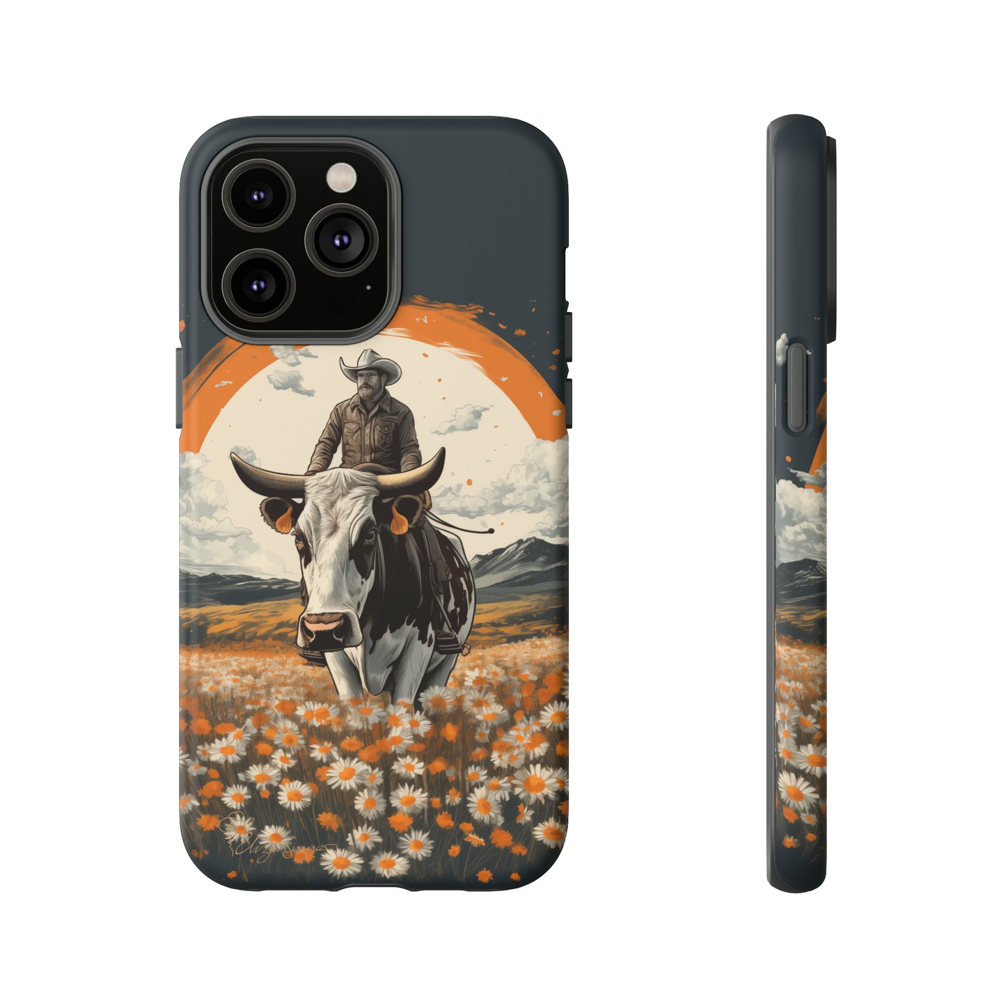 Meet 'Rugged Wrangler': Introducing our Tough Western Cell Phone Case. This unique design seamlessly combines rugged protection with a touch of whimsy, showcasing a fearless cowboy astride a dairy cow amidst a field of vibrant daisies. Elevate your style with this adventurous and protective accessory. #ElizaSinger #PhoneCase #RuggedWrangler