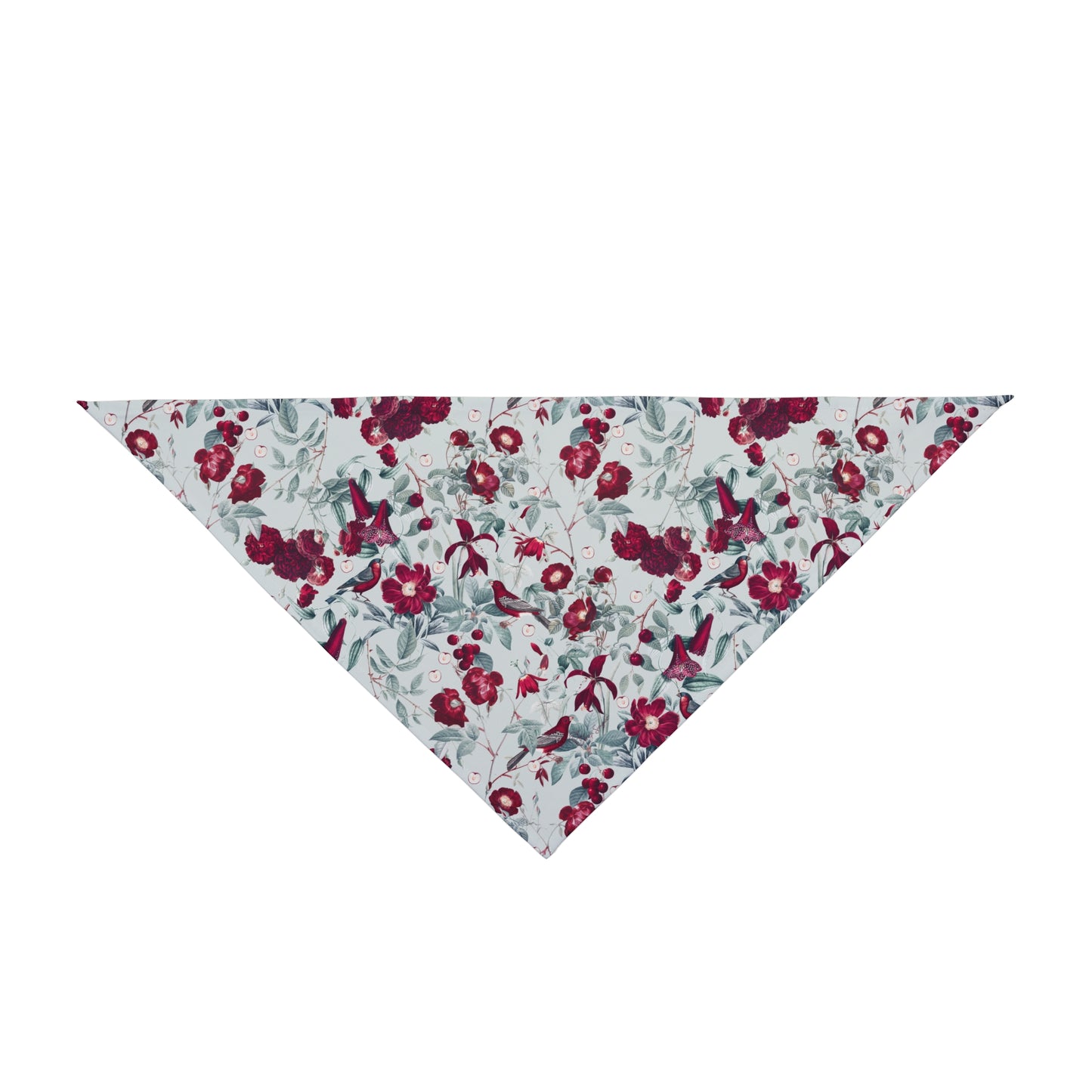Embrace the beauty of nature with our Cherry Blossom Serenade Dog Bandana/Wild Rag. Burgundy cherry blossoms and birds on a very light grayish blue background create a serene and elegant look. Crafted from soft-spun polyester, this wild rag ensures comfort and style. Also available for humans, exclusively at Eliza Singer.