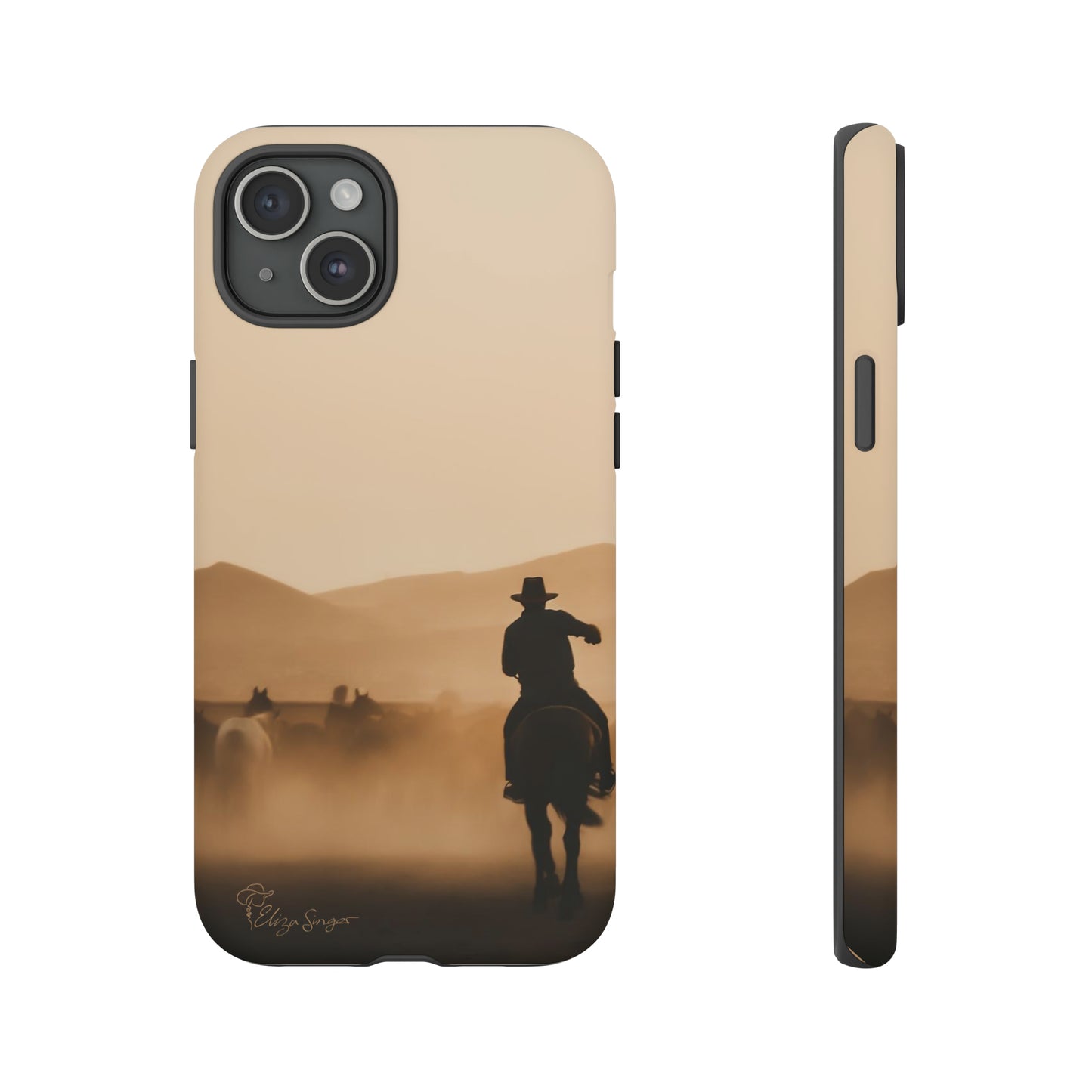 Capture the Western Spirit: Horse Art Western Photo Yellowstone Design iPhone Tough Protective Cover. Featuring a Cowboy amidst Mountains and Buckskin hues. Compatible with iPhone 15, 14, 13, XS, XR Pro/Max/Mini/P/Plus. Bring the Wild West to Your Device with Style and Durability. #ElizaSinger #PhoneCase #WesternDesign