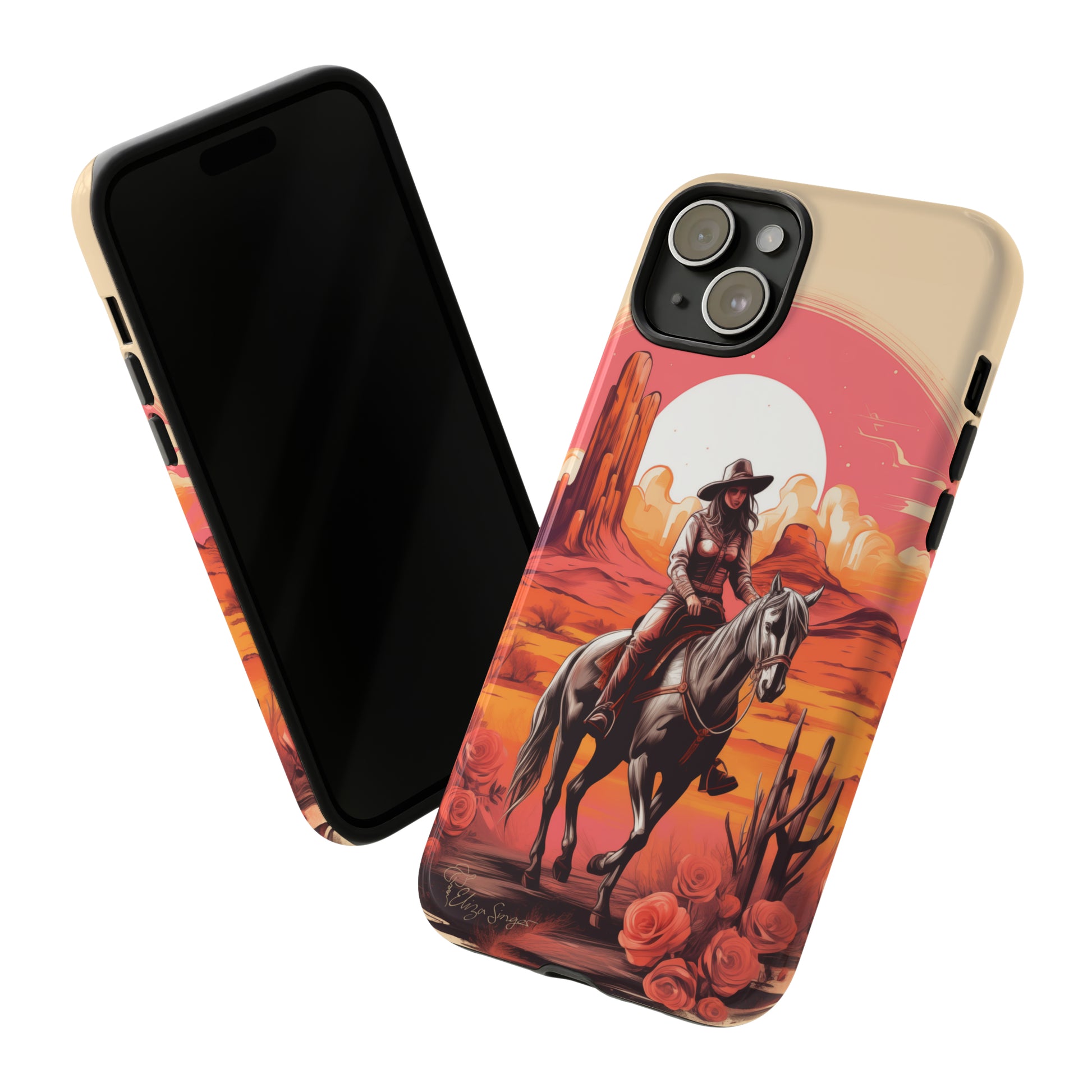 Feminine Adventure Unleashed: Introducing our Tough Western Cell Phone Case, adorned with a stunning design of a cowgirl riding a horse through the desert, surrounded by shades of coral. This unique edition seamlessly combines rugged protection with a touch of feminine flair. Elevate your style with a dash of adventurous charm. #ElizaSinger #PhoneCase #FeminineAdventure