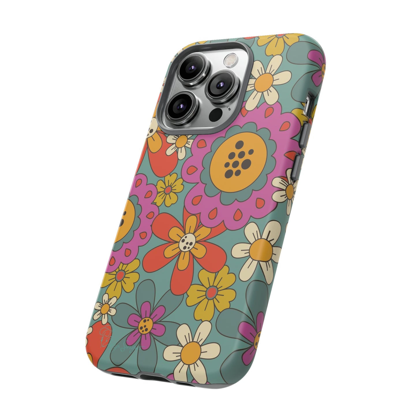 Step into the Groove: Groovy Hippie Hippy Design iPhone Tough Protective Cover. A nod to the 60's with Daisy Design in Turquoise and Pink. Compatible with iPhone 15, 14, 13, XS, XR Pro/Max/Mini/P/Plus. Embrace Retro Vibes with Style and Durability. #ElizaSinger #PhoneCase #GroovyDesign