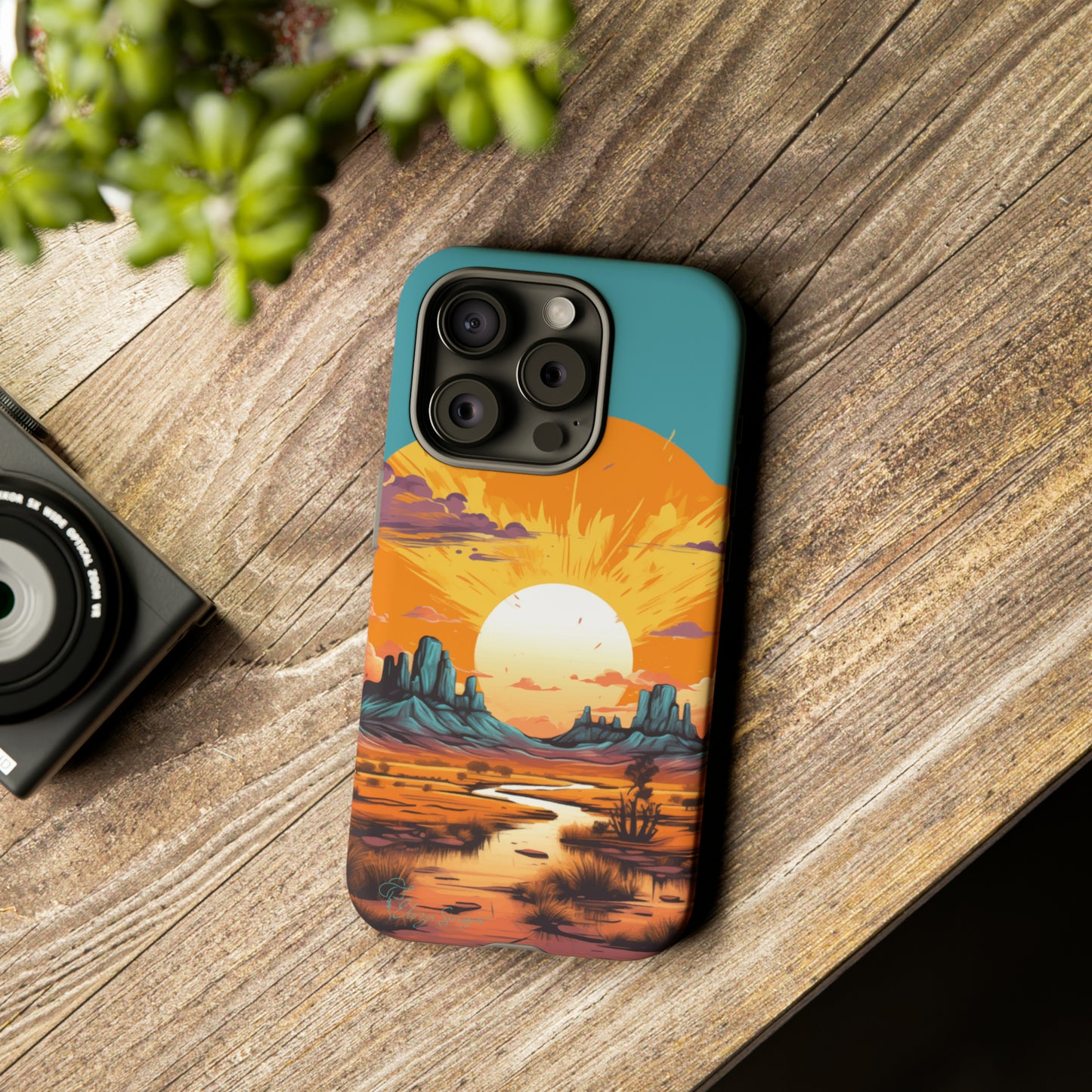 Introducing our Tough Western Cell Phone Case: Turquoise Twilight Oasis Edition! This captivating design showcases a serene landscape with a turquoise background and a mesmerizing setting sun. Enjoy the perfect blend of rugged protection and artistic flair.