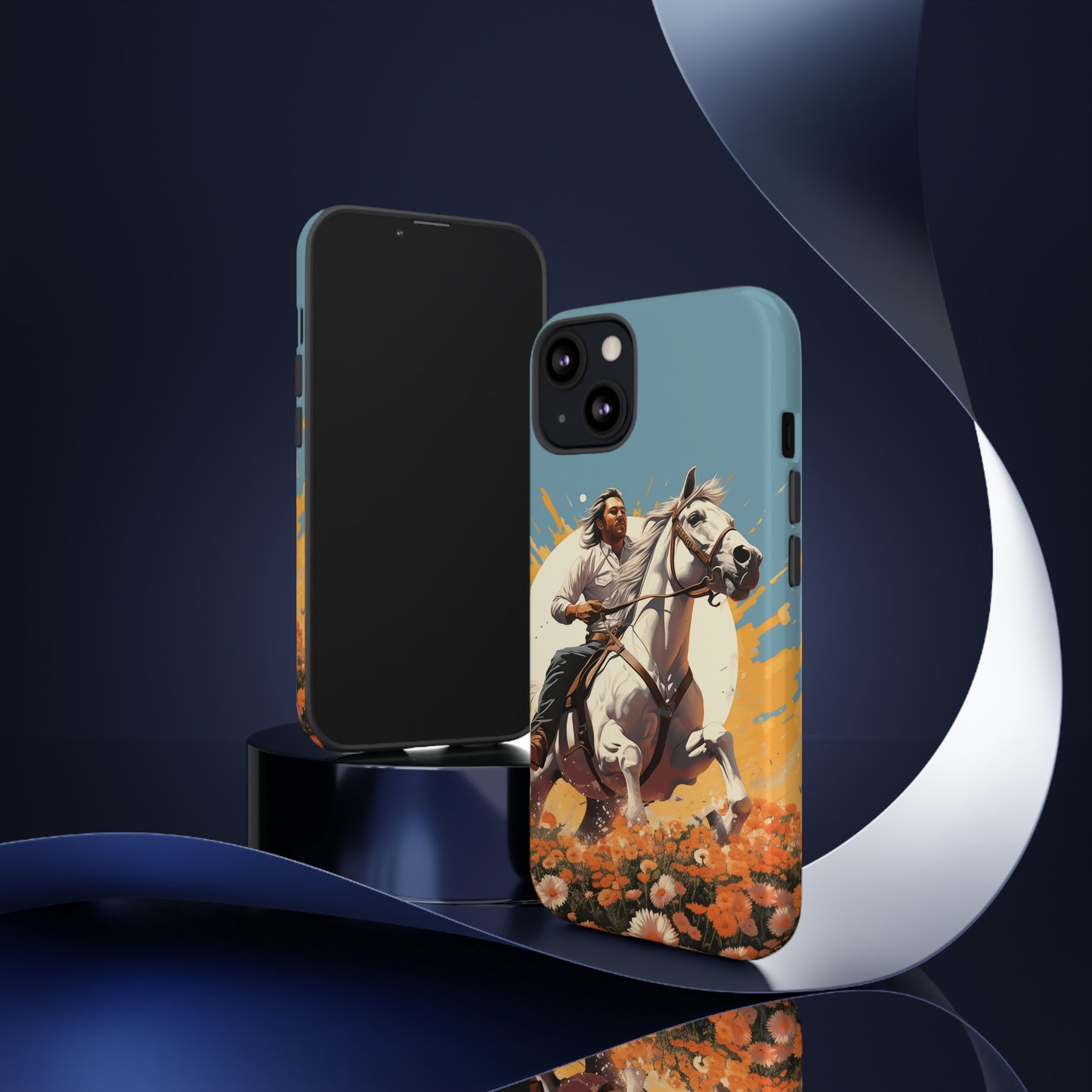 Retro Radiance Unleashed: Behold our Tough Western Cell Phone Case, featuring a vintage white horse and male rider on a vibrant turquoise backdrop. Set in a field of flowers with the sun casting a warm glow, this edition seamlessly blends style with protection. Embrace the past with this retro and stylish accessory. #ElizaSinger #PhoneCase #RetroRadiance