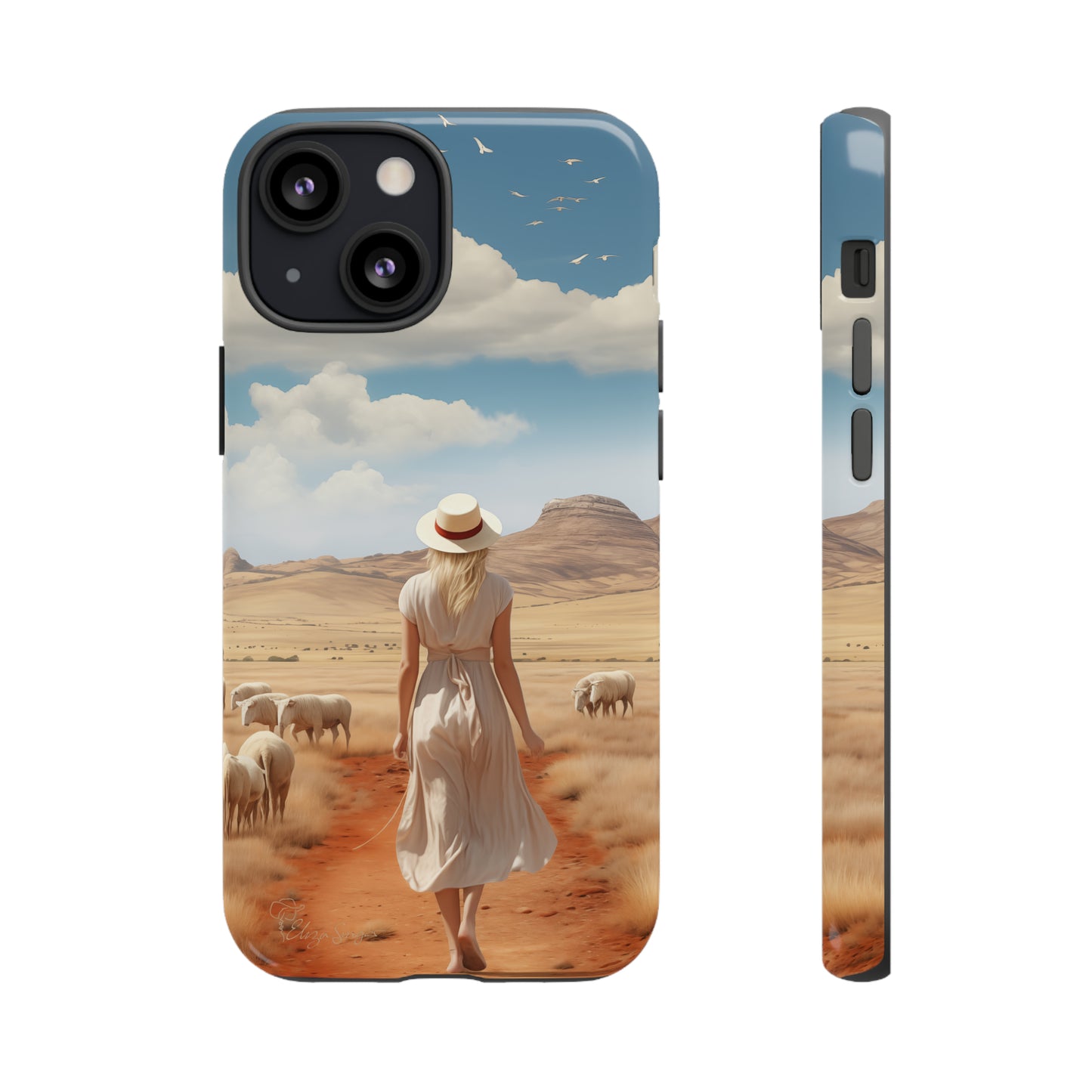 Serenity in Hand: Our Tough Western Cell Phone Case invites you to experience tranquility. A vintage painted design portrays a woman in a skirt and hat walking on a dirt road through a prairie, with grazing sheep. Let the vanishing horizon captivate your senses. Elevate your phone with timeless beauty. #ElizaSinger #PhoneCase