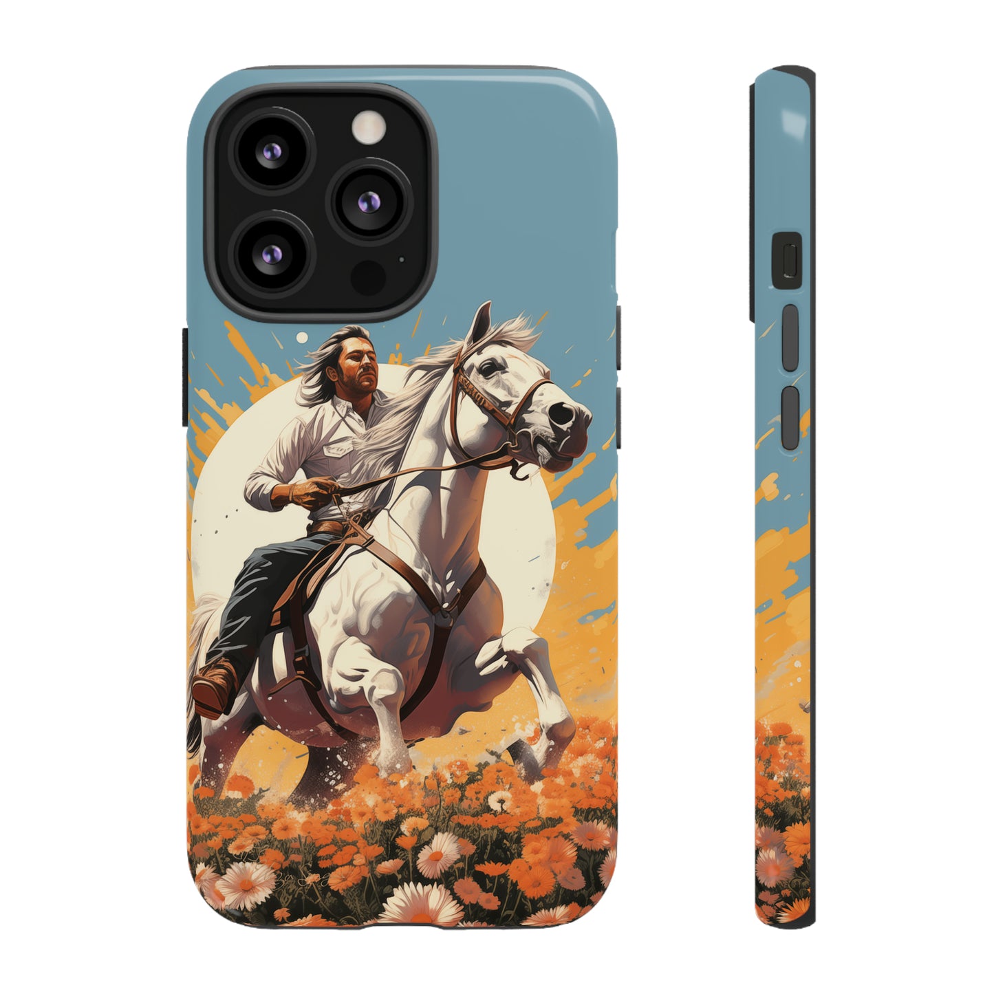 Retro Radiance Unleashed: Behold our Tough Western Cell Phone Case, featuring a vintage white horse and male rider on a vibrant turquoise backdrop. Set in a field of flowers with the sun casting a warm glow, this edition seamlessly blends style with protection. Embrace the past with this retro and stylish accessory. #ElizaSinger #PhoneCase #RetroRadiance