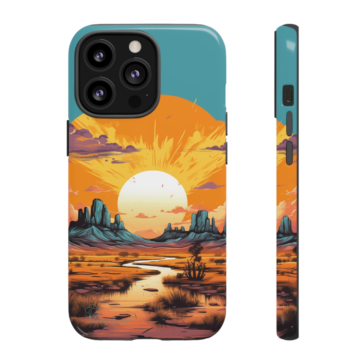 Introducing our Tough Western Cell Phone Case: Turquoise Twilight Oasis Edition! This captivating design showcases a serene landscape with a turquoise background and a mesmerizing setting sun. Enjoy the perfect blend of rugged protection and artistic flair.