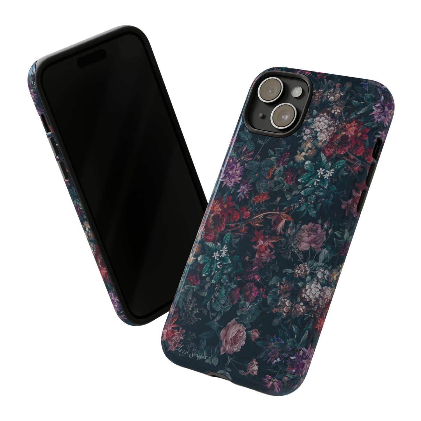 Blooms in Shadows: Botany Floral Dark iPhone Tough Protective Cover. A captivating blend of Flowers in a muted design, compatible with iPhone 15, 14, 13, 12, 11, XS, XR Pro/Max/Mini/P/Plus. Unleash Nature's Elegance with Durability and Style. #ElizaSinger #PhoneCase #FloralDesign