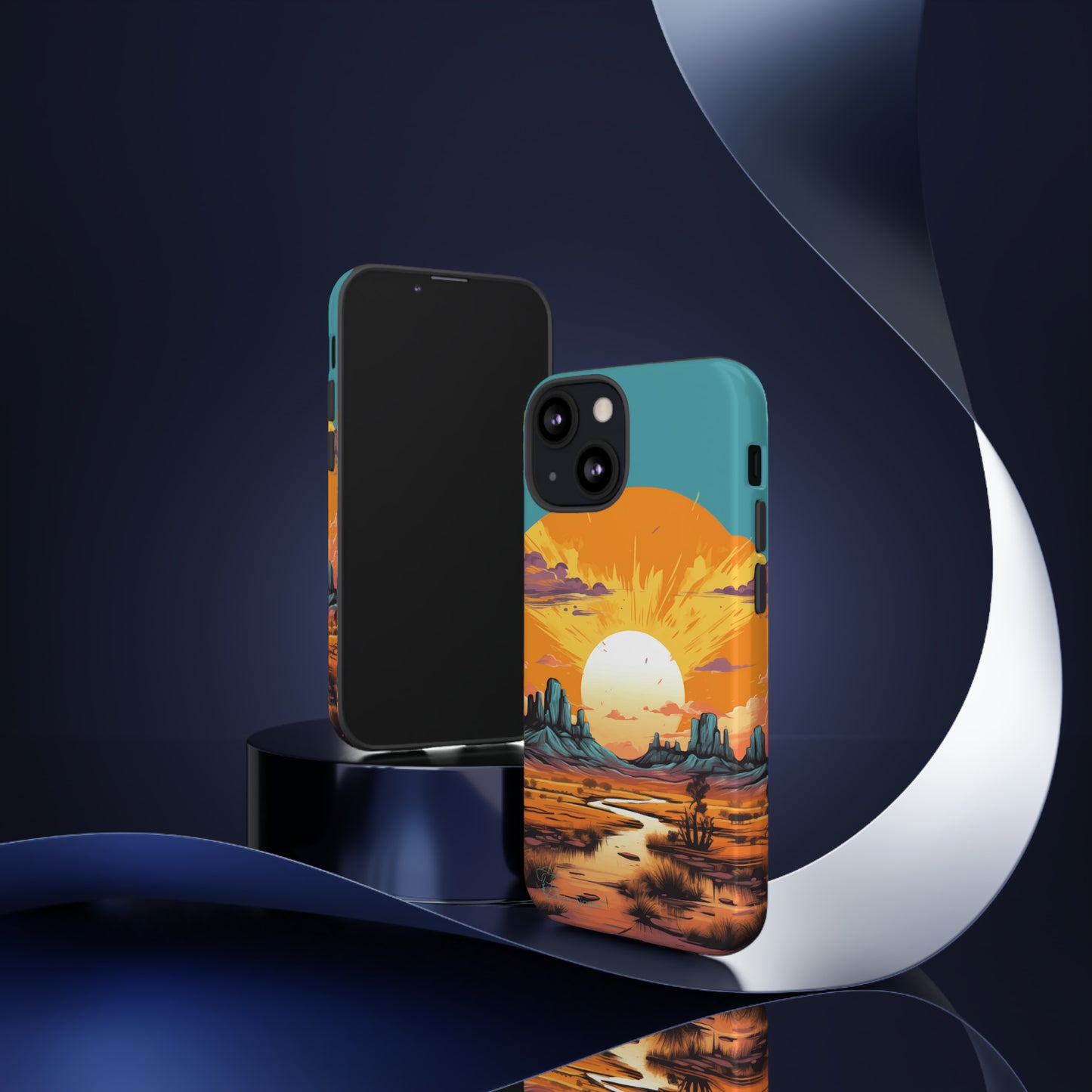 Introducing our Tough Western Cell Phone Case: Turquoise Twilight Oasis Edition! This captivating design showcases a serene landscape with a turquoise background and a mesmerizing setting sun. Enjoy the perfect blend of rugged protection and artistic flair.