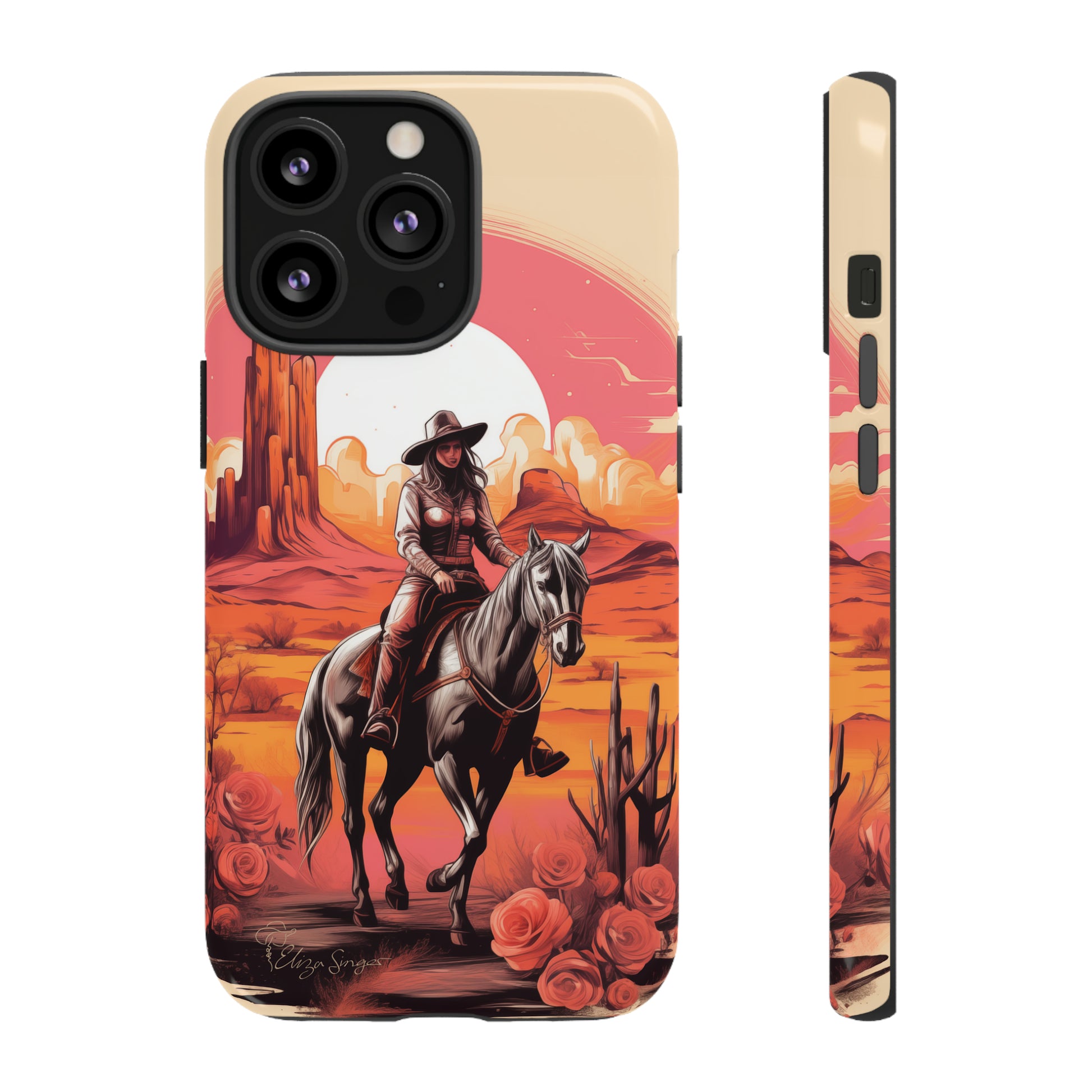 Feminine Adventure Unleashed: Introducing our Tough Western Cell Phone Case, adorned with a stunning design of a cowgirl riding a horse through the desert, surrounded by shades of coral. This unique edition seamlessly combines rugged protection with a touch of feminine flair. Elevate your style with a dash of adventurous charm. #ElizaSinger #PhoneCase #FeminineAdventure