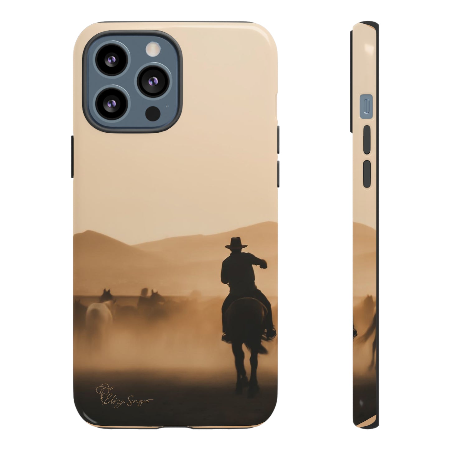 Capture the Western Spirit: Horse Art Western Photo Yellowstone Design iPhone Tough Protective Cover. Featuring a Cowboy amidst Mountains and Buckskin hues. Compatible with iPhone 15, 14, 13, XS, XR Pro/Max/Mini/P/Plus. Bring the Wild West to Your Device with Style and Durability. #ElizaSinger #PhoneCase #WesternDesign