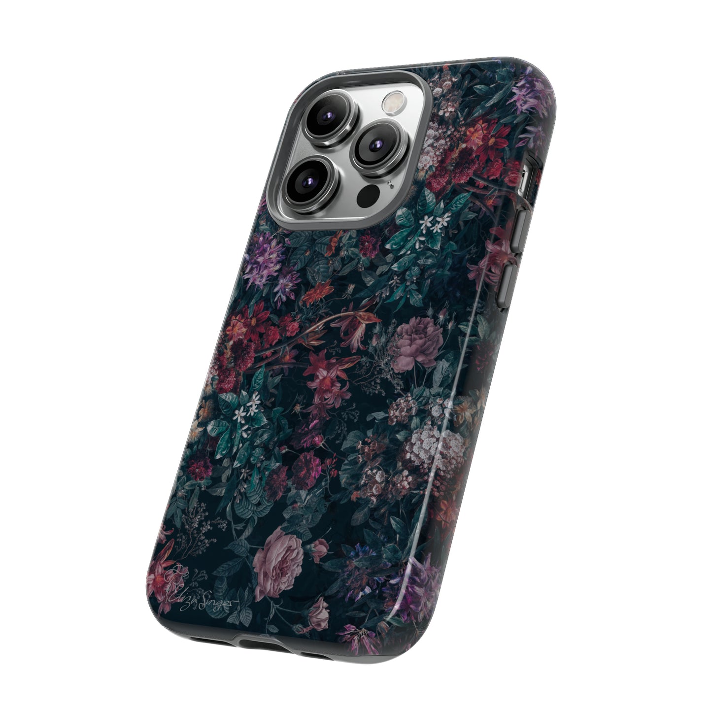 Blooms in Shadows: Botany Floral Dark iPhone Tough Protective Cover. A captivating blend of Flowers in a muted design, compatible with iPhone 15, 14, 13, 12, 11, XS, XR Pro/Max/Mini/P/Plus. Unleash Nature's Elegance with Durability and Style. #ElizaSinger #PhoneCase #FloralDesign