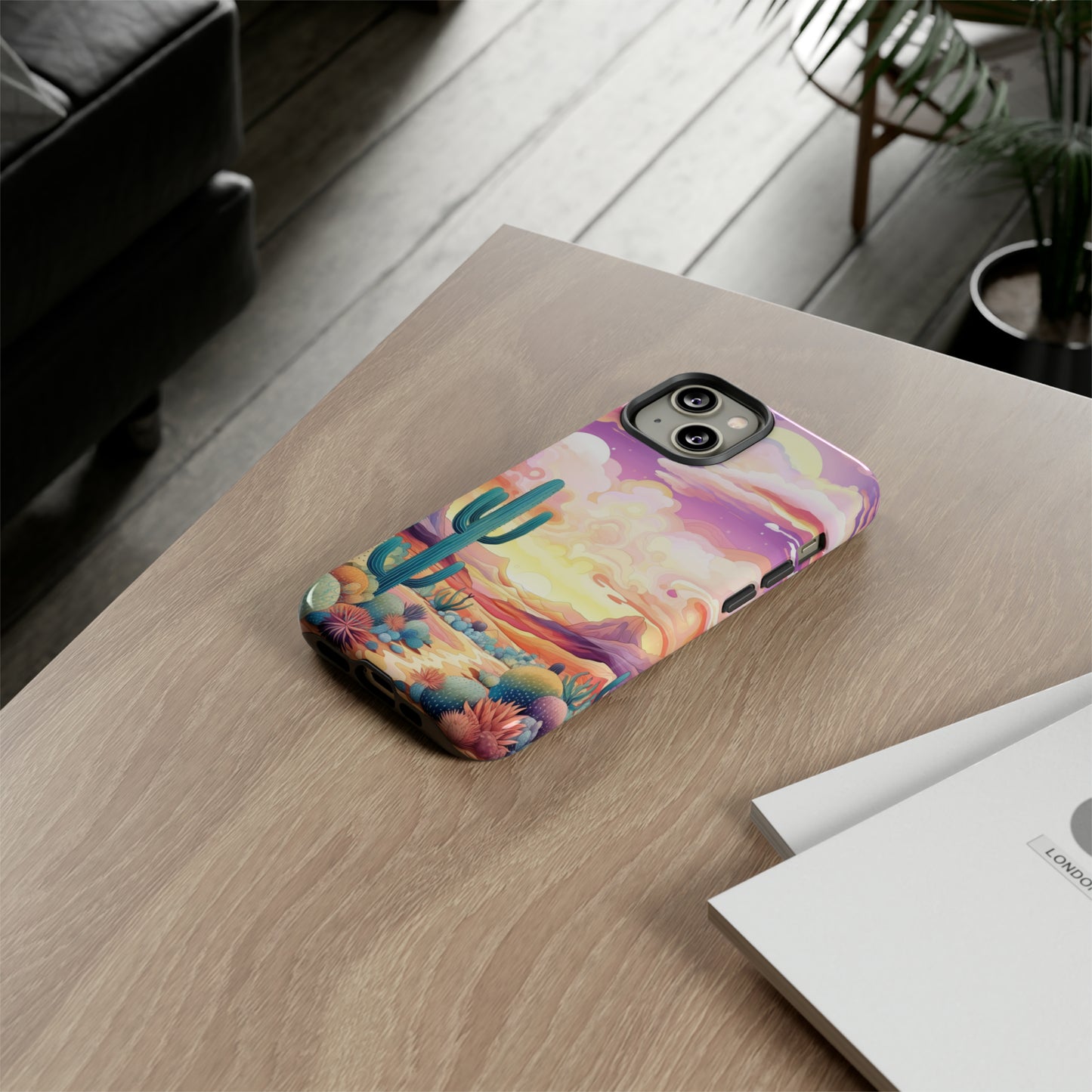 Introducing our Western Tough Cell Phone Case: Psychedelic Desert Dream Edition! Step into a surreal world with a psychedelic desert landscape, dreamy sky, and cactus. This case combines rugged protection with a touch of otherworldly charm.