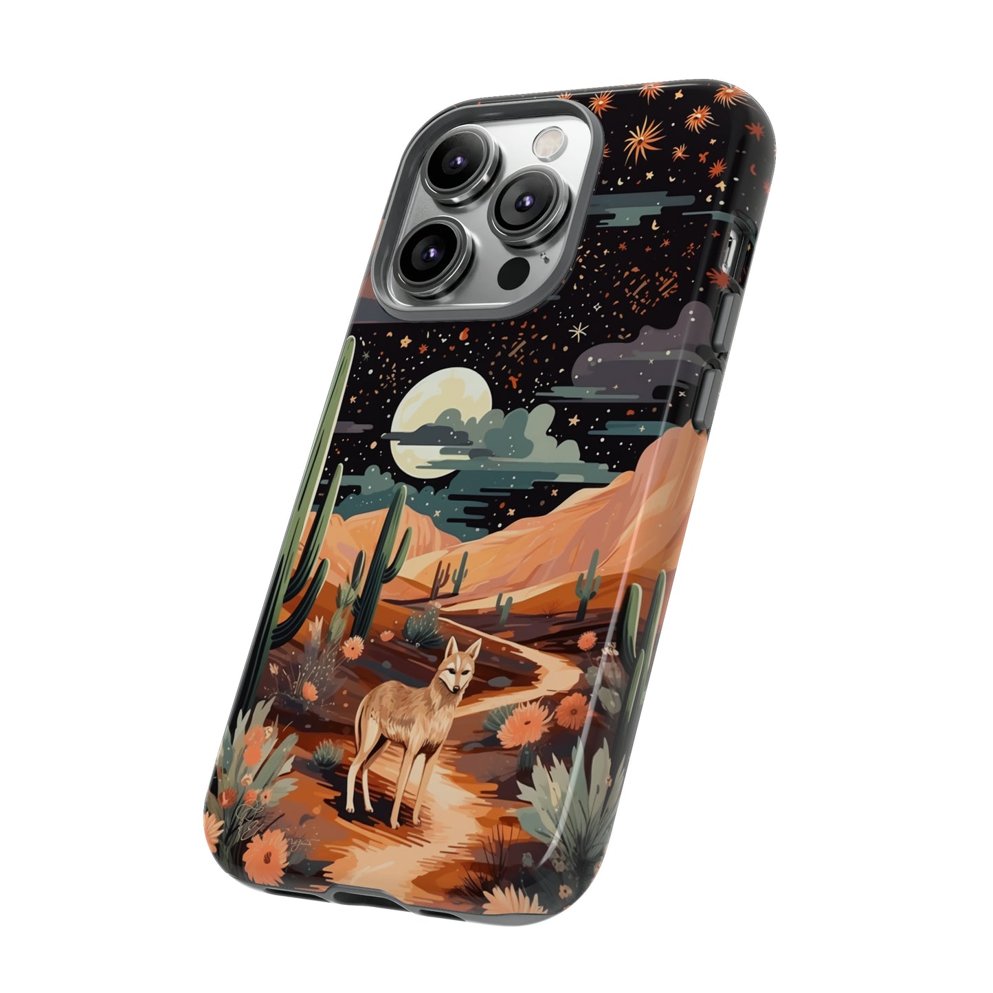 Introducing our Tough Western Cell Phone Case: Twilight Desert Jackal Remix Edition! A variation of our popular design, this edition features a jackal in a desert landscape with a starry night sky and cacti. Get ready for a unique twist on classic rugged protection.