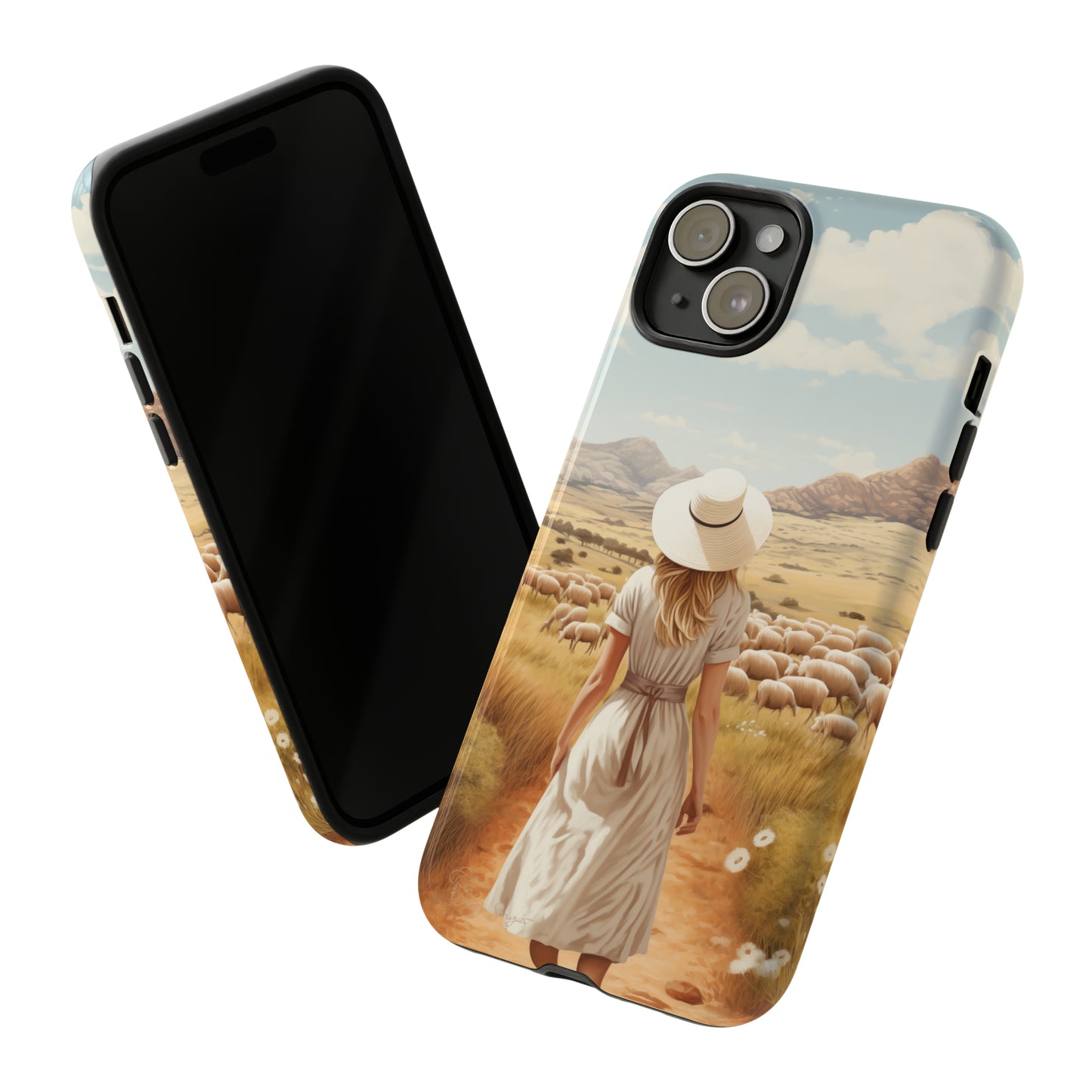 Dreamy Nostalgia: Immerse yourself in a vintage painted landscape with our Tough Western Cell Phone Case. Adorned with a woman in a hat strolling through a prairie with sheep, this edition captures the magic of the past. Elevate your phone with timeless charm. #ElizaSinger #PhoneCase