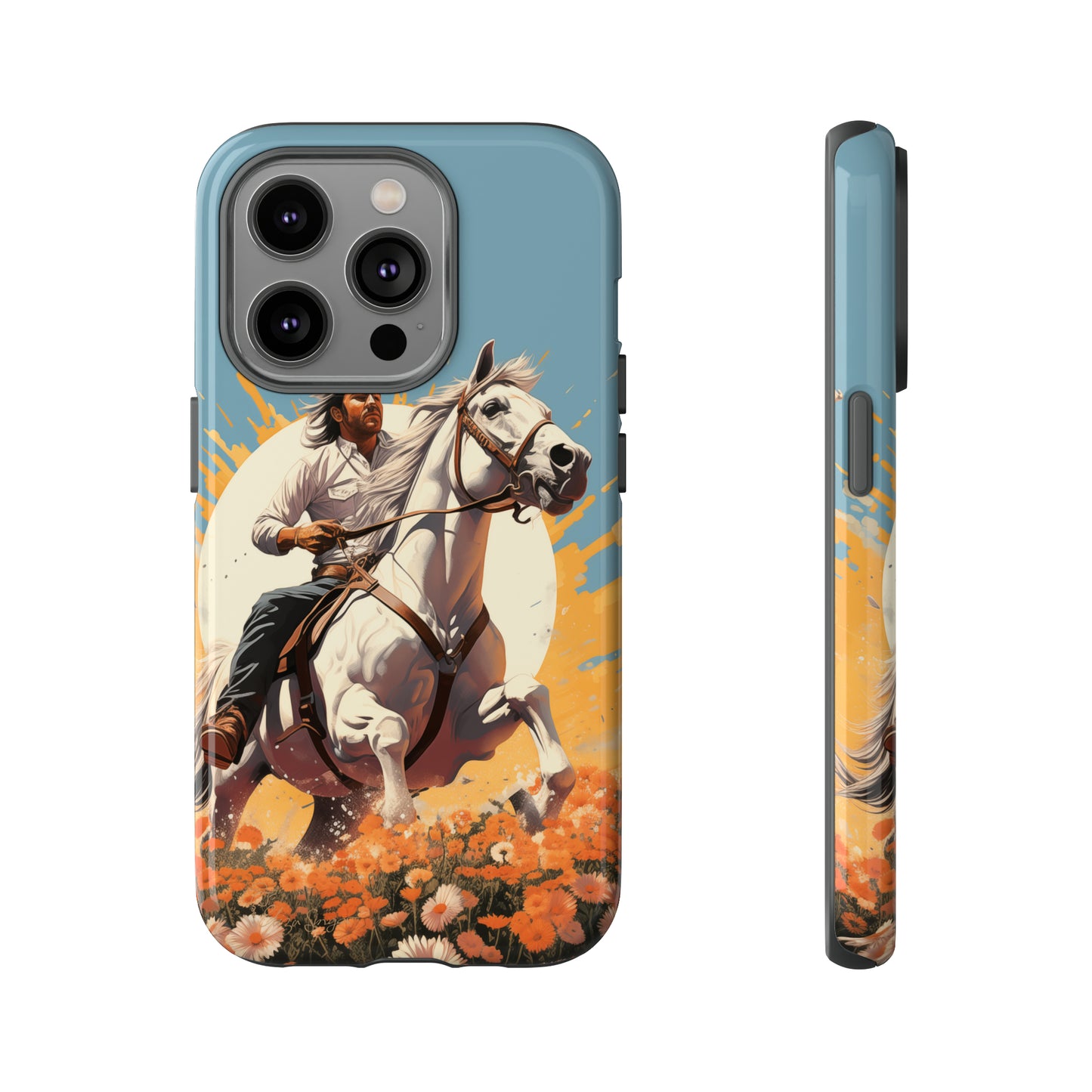 Retro Radiance Unleashed: Behold our Tough Western Cell Phone Case, featuring a vintage white horse and male rider on a vibrant turquoise backdrop. Set in a field of flowers with the sun casting a warm glow, this edition seamlessly blends style with protection. Embrace the past with this retro and stylish accessory. #ElizaSinger #PhoneCase #RetroRadiance