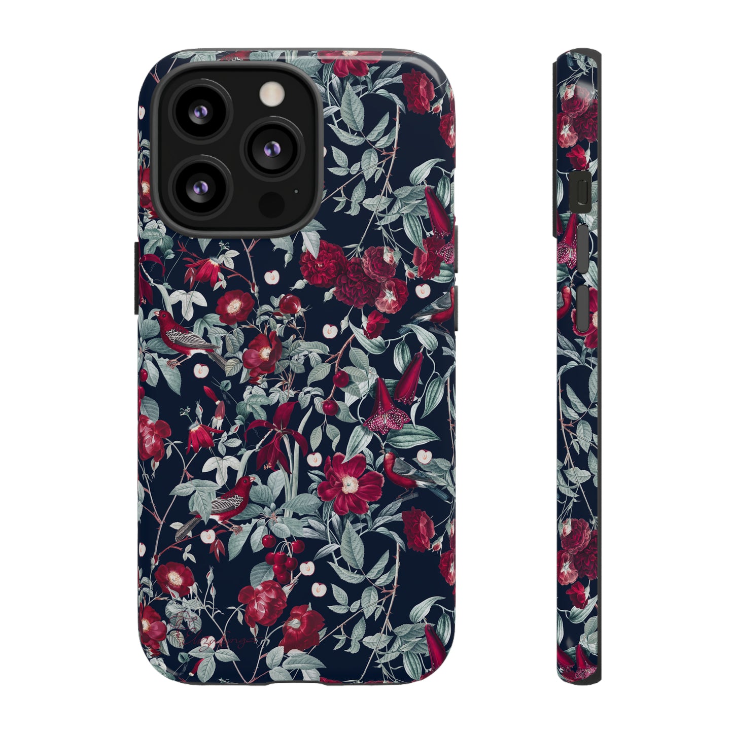Blossom Serenade: Cherry Blossom Serenade Burgundy Navy Dark iPhone Tough Protective Cover. A captivating blend of Flowers in burgundy and navy hues, featuring a muted design. Compatible with iPhone 15, 14, 13, XS, XR Pro/Max/Mini/P/Plus. Elevate your device with this enchanting and stylish protective cover. #ElizaSinger #PhoneCase #FloralDesign
