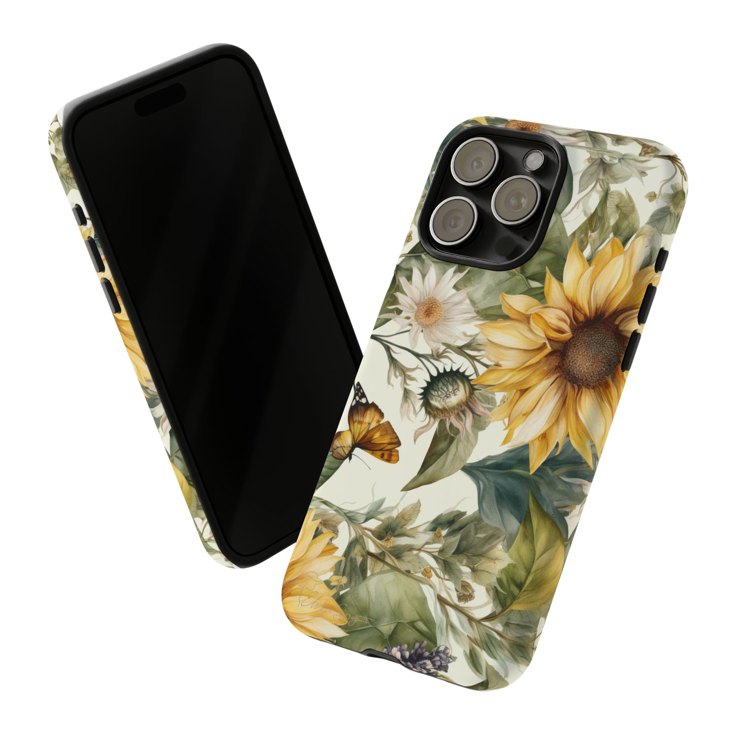 Bask in Sunshine: Beautiful Sunflower Floral iPhone Tough Protective Cover. A charming blend of Flower and Sunflowers in a cottage core style, compatible with iPhone 15, 14, 13, XS, XR Pro/Max/Mini/P/Plus. Elevate Your Device with Nature's Beauty and Durability. #ElizaSinger #PhoneCase #FloralDesign