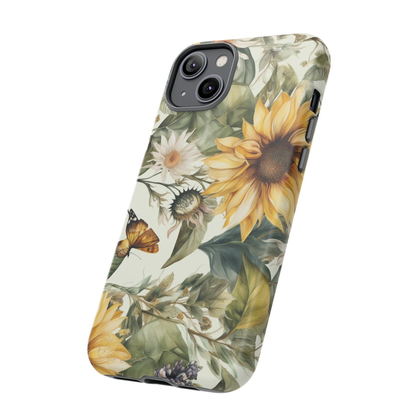 Bask in Sunshine: Beautiful Sunflower Floral iPhone Tough Protective Cover. A charming blend of Flower and Sunflowers in a cottage core style, compatible with iPhone 15, 14, 13, XS, XR Pro/Max/Mini/P/Plus. Elevate Your Device with Nature's Beauty and Durability. #ElizaSinger #PhoneCase #FloralDesign