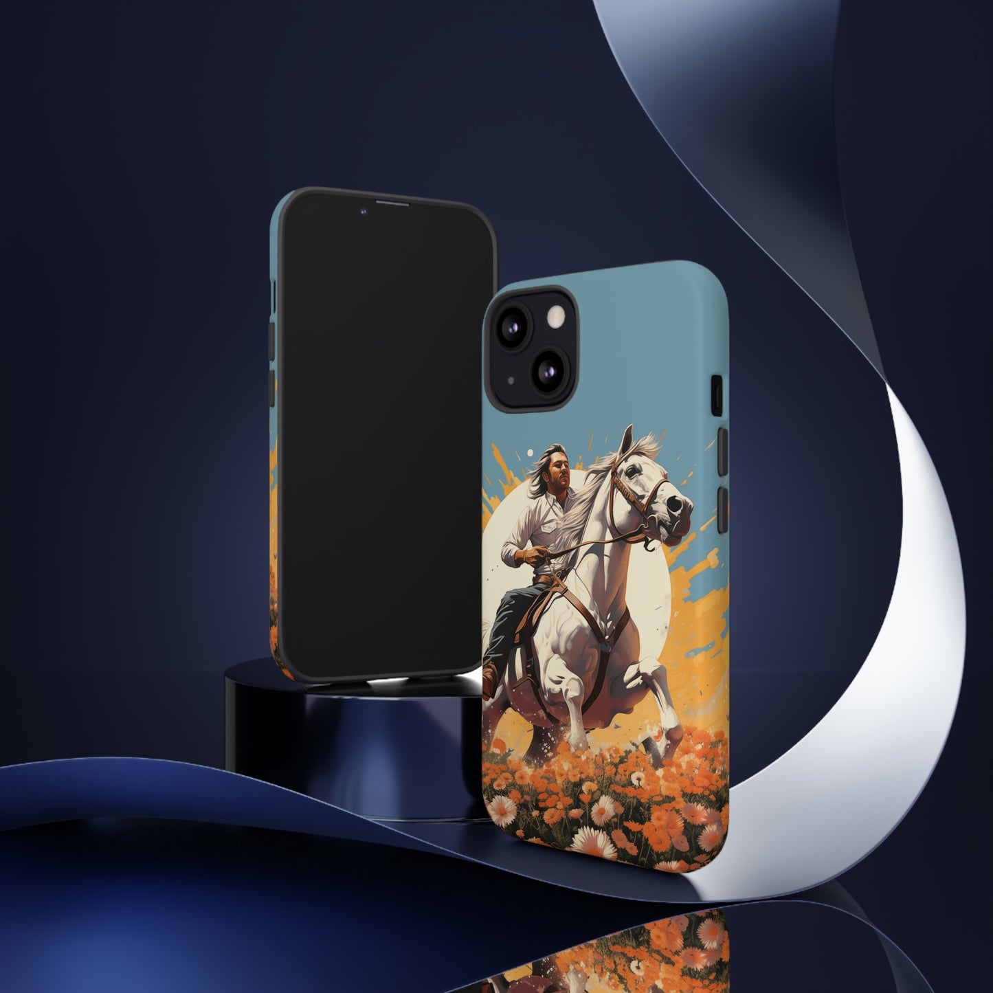 Retro Radiance Unleashed: Behold our Tough Western Cell Phone Case, featuring a vintage white horse and male rider on a vibrant turquoise backdrop. Set in a field of flowers with the sun casting a warm glow, this edition seamlessly blends style with protection. Embrace the past with this retro and stylish accessory. #ElizaSinger #PhoneCase #RetroRadiance