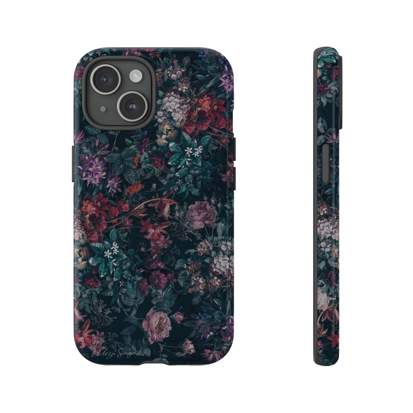 Blooms in Shadows: Botany Floral Dark iPhone Tough Protective Cover. A captivating blend of Flowers in a muted design, compatible with iPhone 15, 14, 13, 12, 11, XS, XR Pro/Max/Mini/P/Plus. Unleash Nature's Elegance with Durability and Style. #ElizaSinger #PhoneCase #FloralDesign
