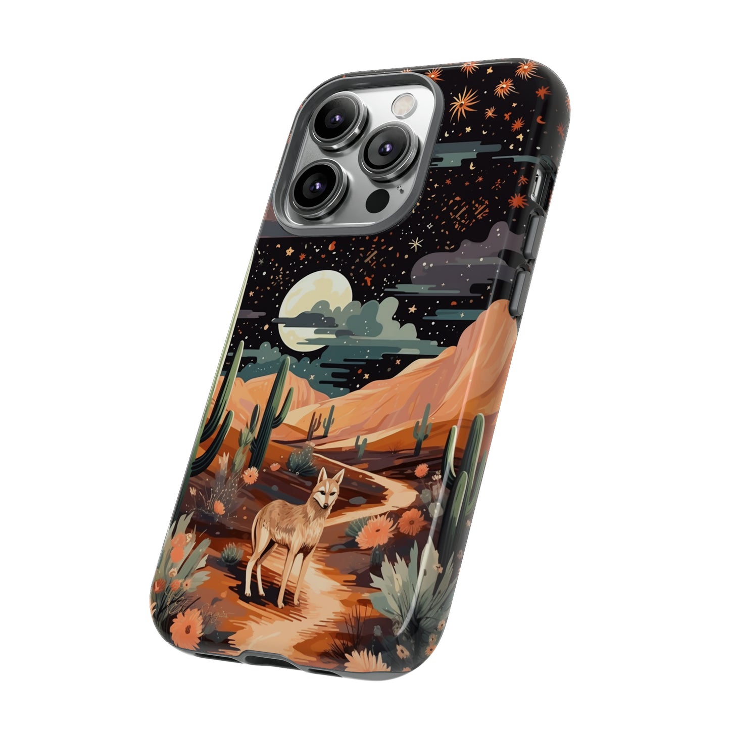 Unveiling our Tough Western Cell Phone Case: Stellar Desert Jackal Edition! Embrace the beauty of the night with a jackal in a desert landscape, under a starry sky, surrounded by cacti. This case provides rugged protection with a touch of celestial elegance.