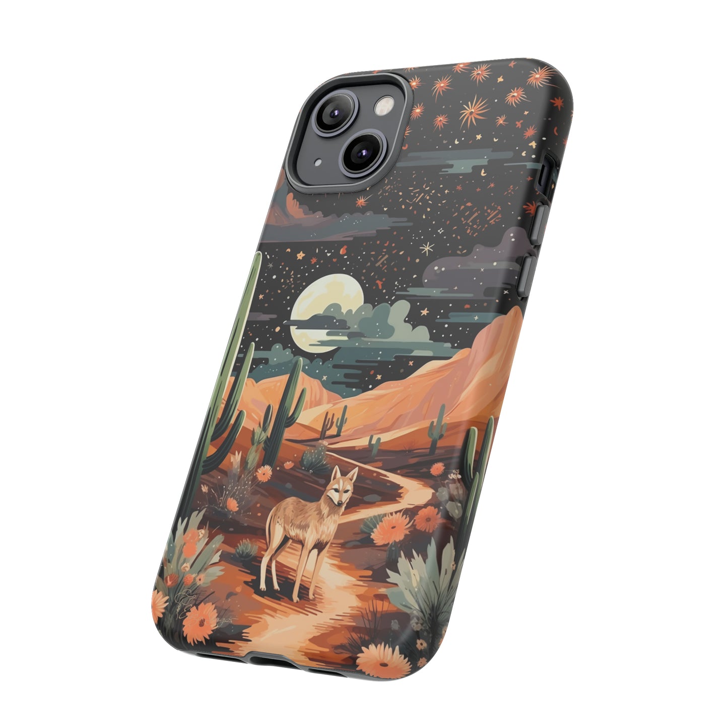 Introducing our Tough Western Cell Phone Case: Twilight Desert Jackal Remix Edition! A variation of our popular design, this edition features a jackal in a desert landscape with a starry night sky and cacti. Get ready for a unique twist on classic rugged protection.