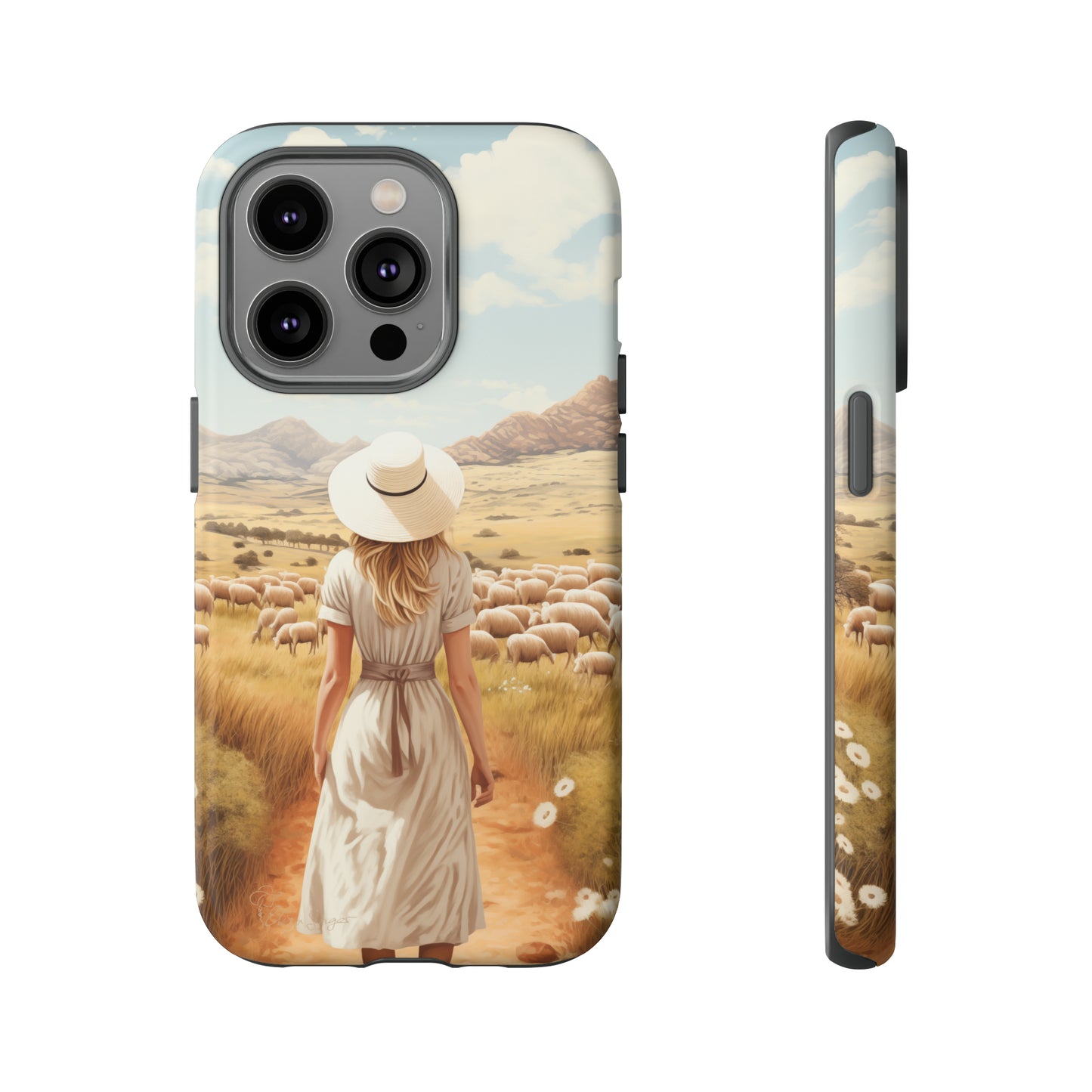 Dreamy Nostalgia: Immerse yourself in a vintage painted landscape with our Tough Western Cell Phone Case. Adorned with a woman in a hat strolling through a prairie with sheep, this edition captures the magic of the past. Elevate your phone with timeless charm. #ElizaSinger #PhoneCase