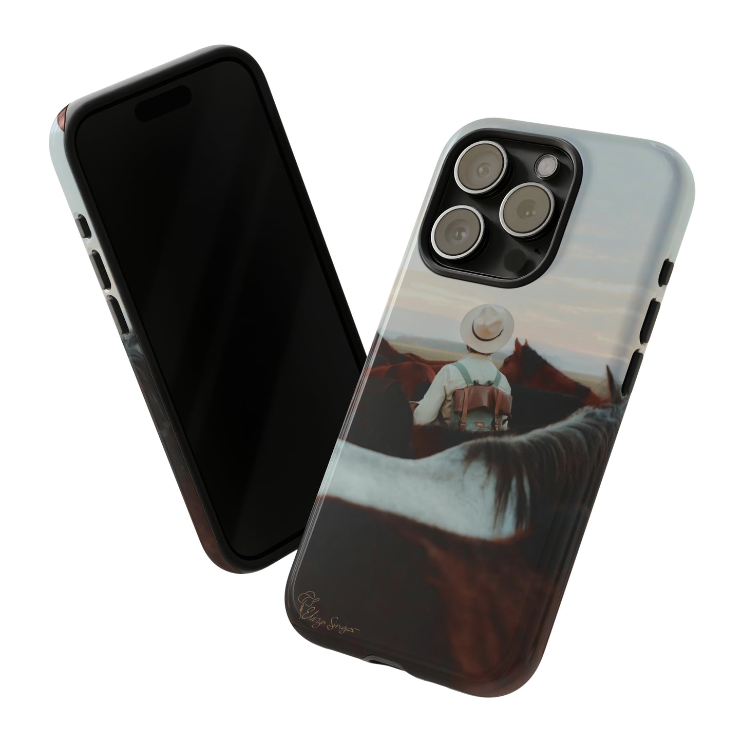 Ride into the Wild: Horse Art Western Photo Yellowstone Design iPhone Tough Protective Cover. Featuring a Cowboy amidst Mountains and Buckskin hues. Compatible with iPhone 15, 14, 13, XS, XR Pro/Max/Mini/P/Plus. Embrace the Spirit of the West with Style and Durability. #ElizaSinger #PhoneCase #WesternDesign