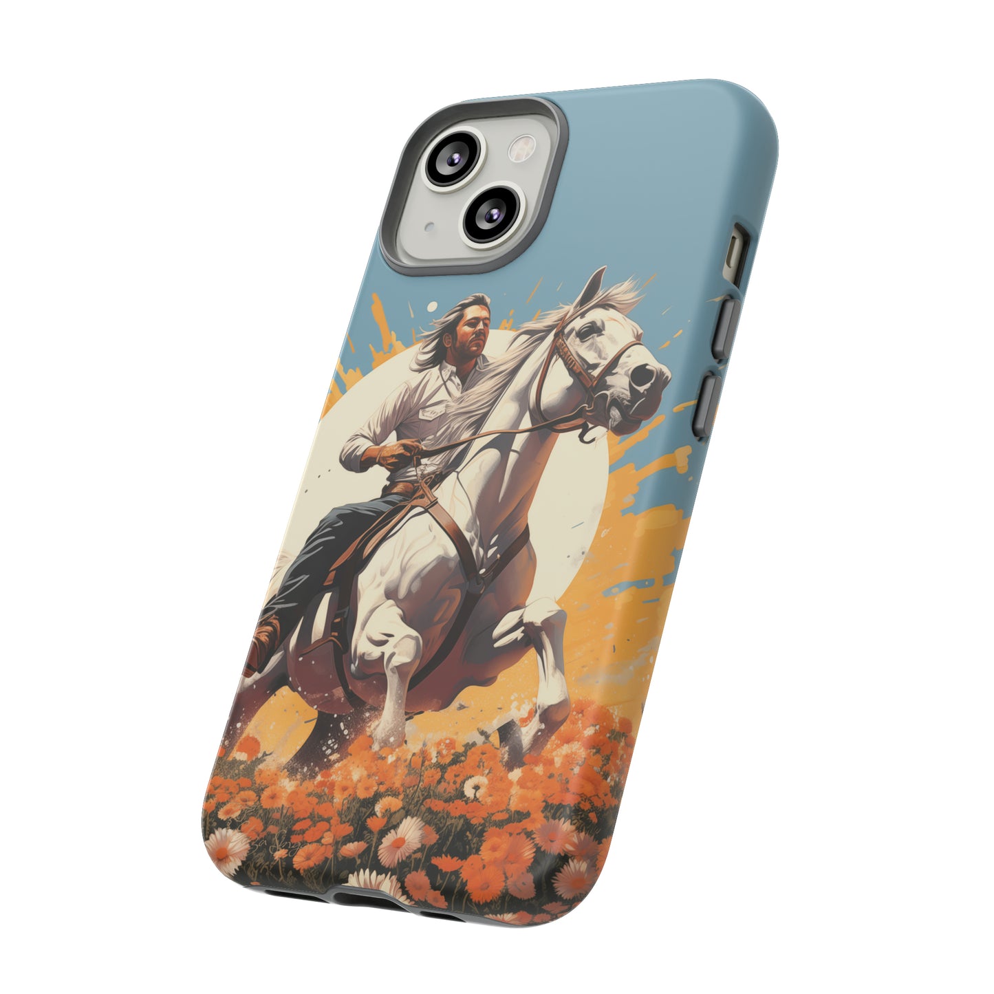 Retro Radiance Unleashed: Behold our Tough Western Cell Phone Case, featuring a vintage white horse and male rider on a vibrant turquoise backdrop. Set in a field of flowers with the sun casting a warm glow, this edition seamlessly blends style with protection. Embrace the past with this retro and stylish accessory. #ElizaSinger #PhoneCase #RetroRadiance