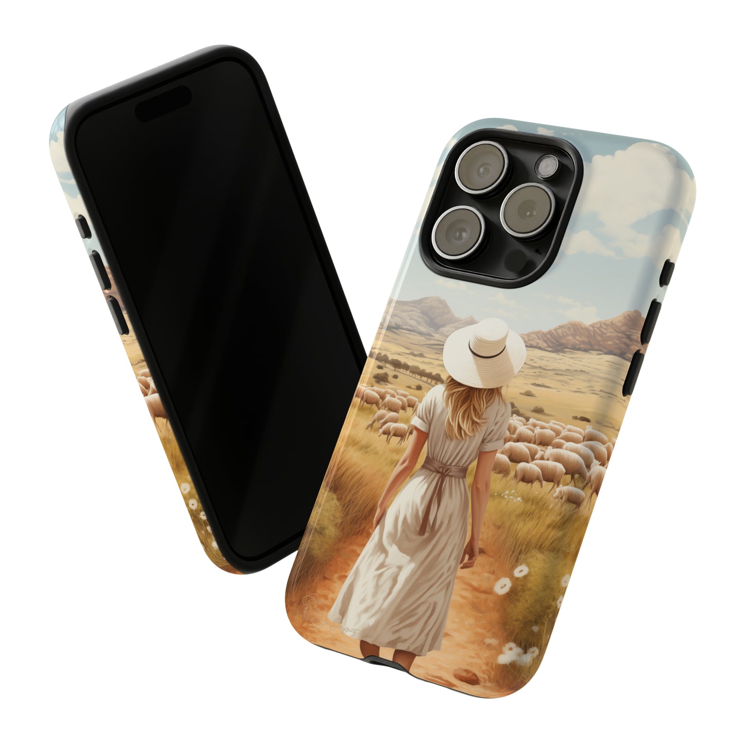 Dreamy Nostalgia: Immerse yourself in a vintage painted landscape with our Tough Western Cell Phone Case. Adorned with a woman in a hat strolling through a prairie with sheep, this edition captures the magic of the past. Elevate your phone with timeless charm. #ElizaSinger #PhoneCase