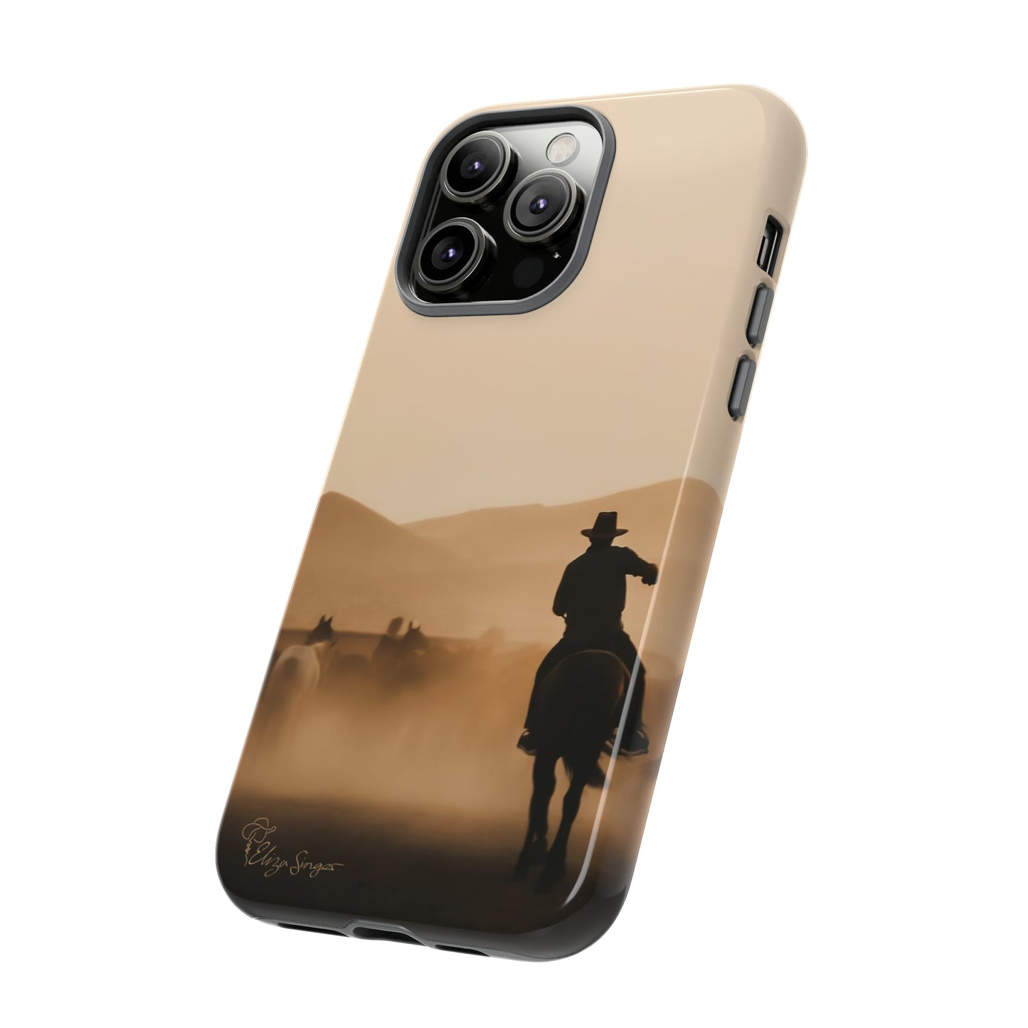 Capture the Western Spirit: Horse Art Western Photo Yellowstone Design iPhone Tough Protective Cover. Featuring a Cowboy amidst Mountains and Buckskin hues. Compatible with iPhone 15, 14, 13, XS, XR Pro/Max/Mini/P/Plus. Bring the Wild West to Your Device with Style and Durability. #ElizaSinger #PhoneCase #WesternDesign