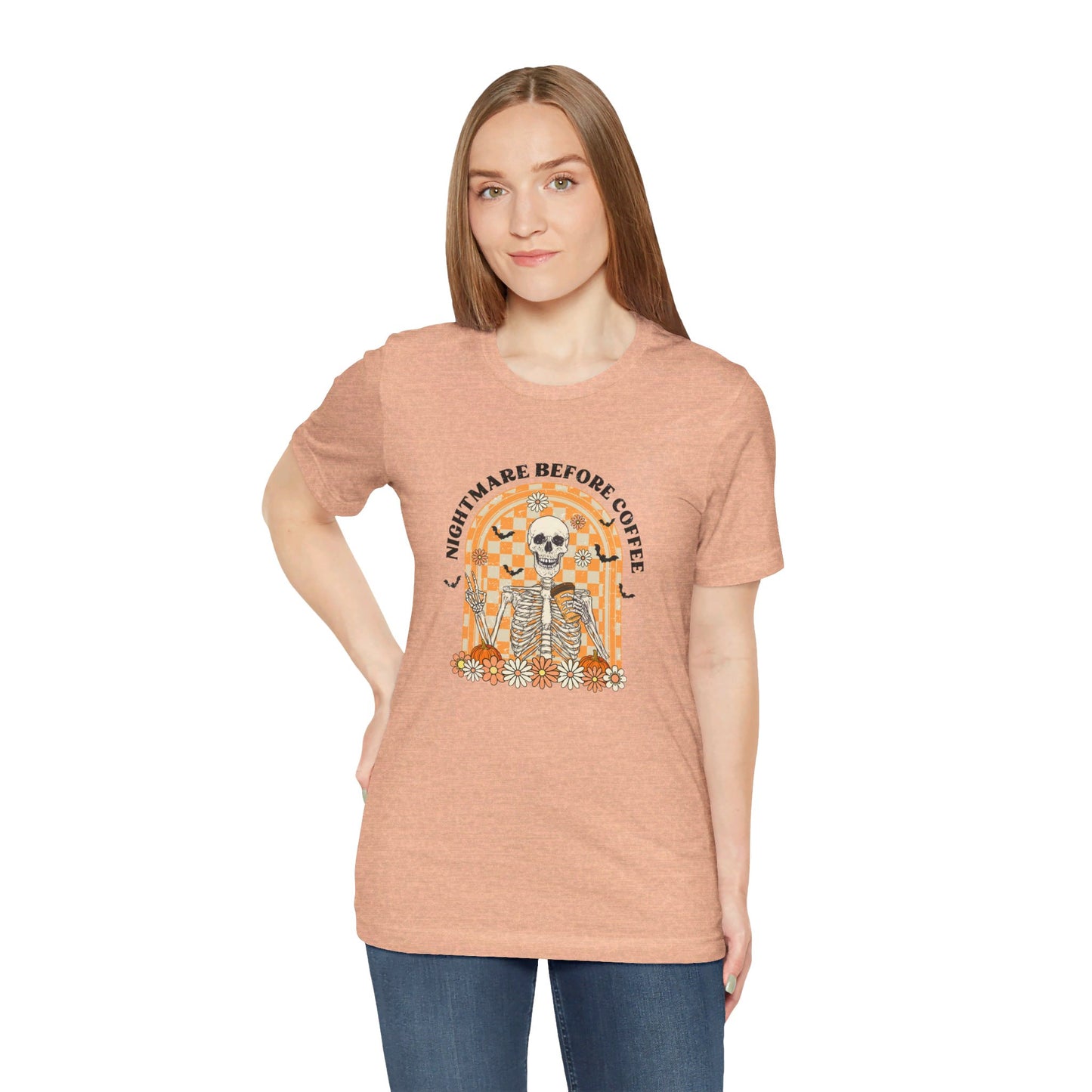Nightmare Before Coffee: Halloween Bella Canvas T-shirt with Skeleton