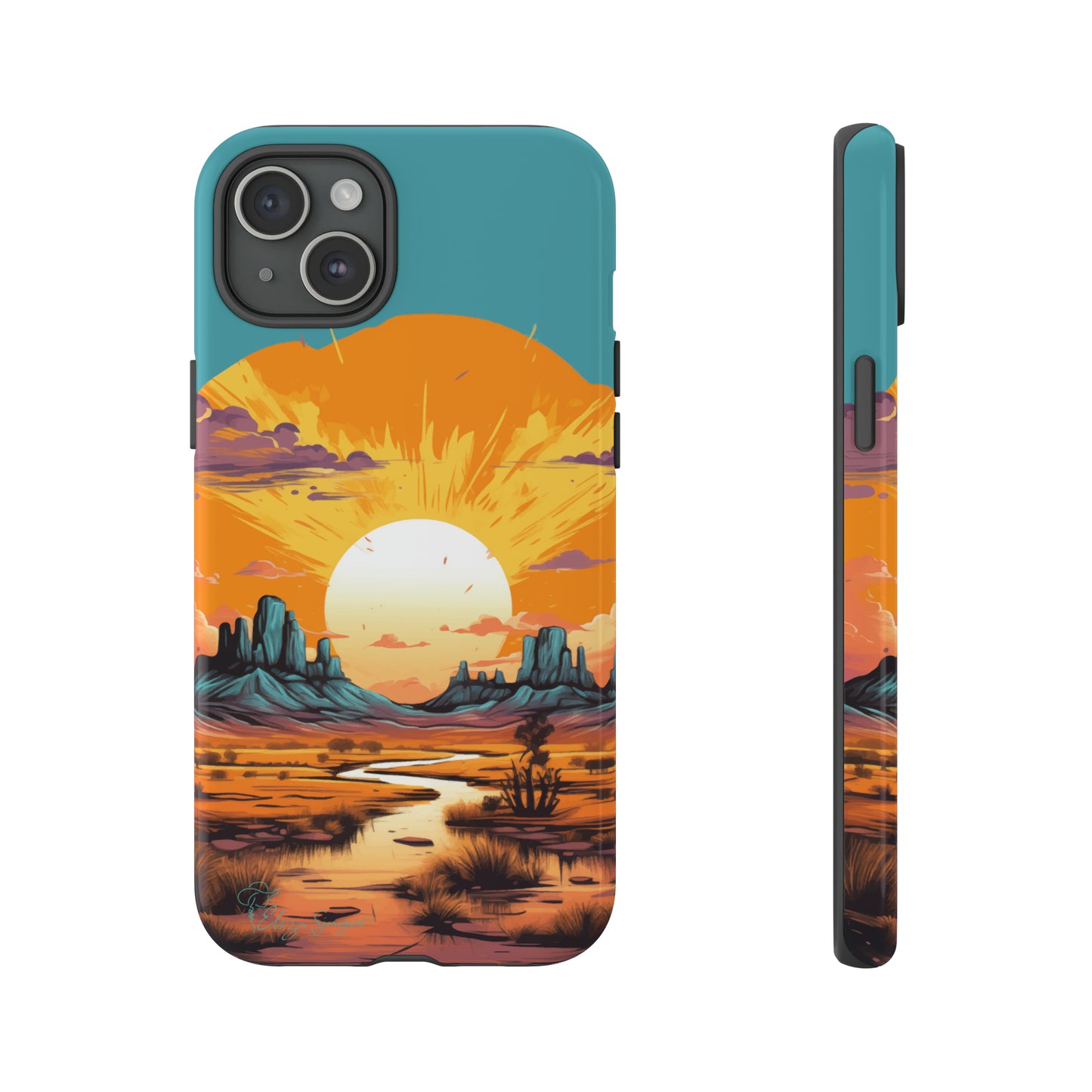 Introducing our Tough Western Cell Phone Case: Turquoise Twilight Oasis Edition! This captivating design showcases a serene landscape with a turquoise background and a mesmerizing setting sun. Enjoy the perfect blend of rugged protection and artistic flair.