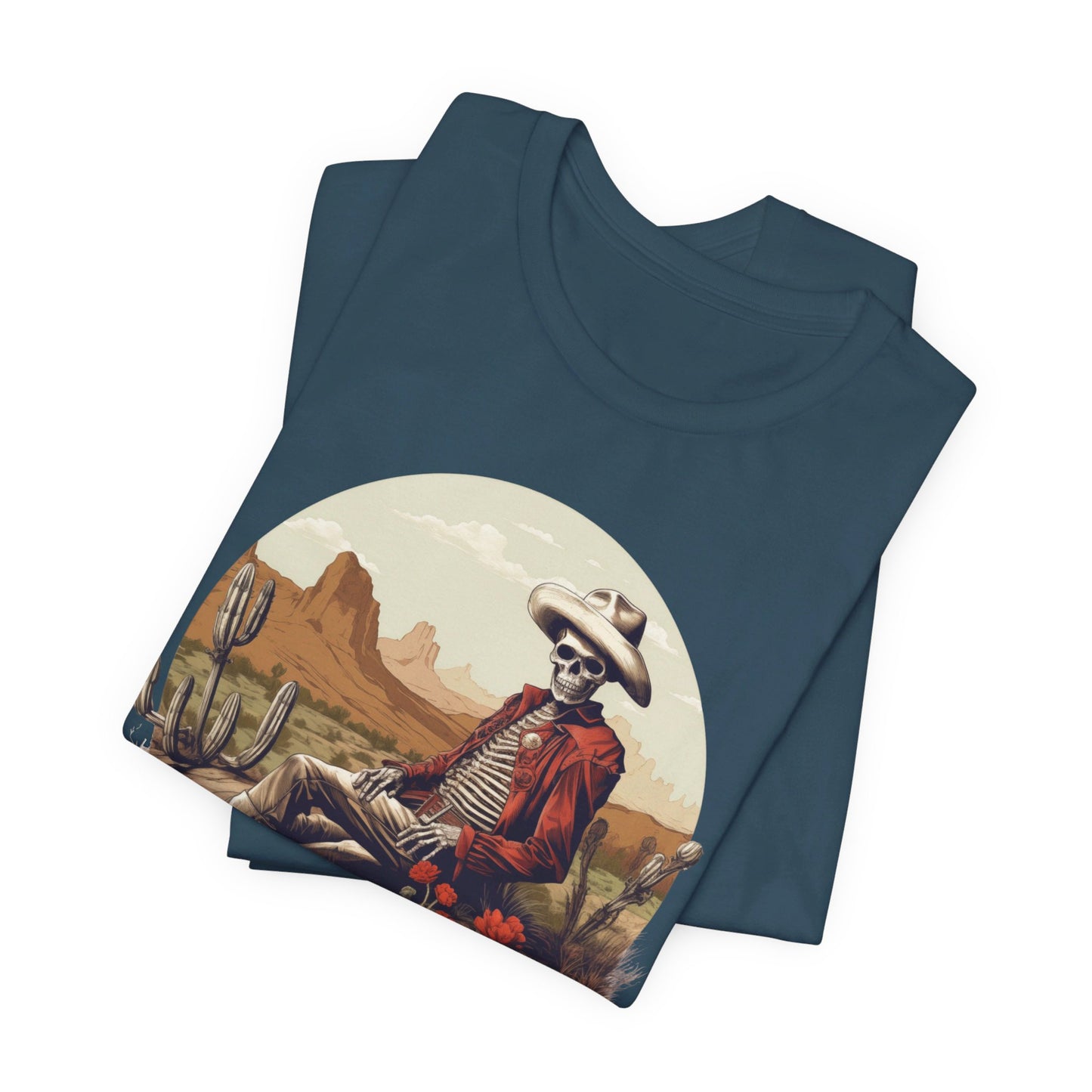 Skeleton Cowboy in Desert: Red Blazer Bella Canvas T-shirt