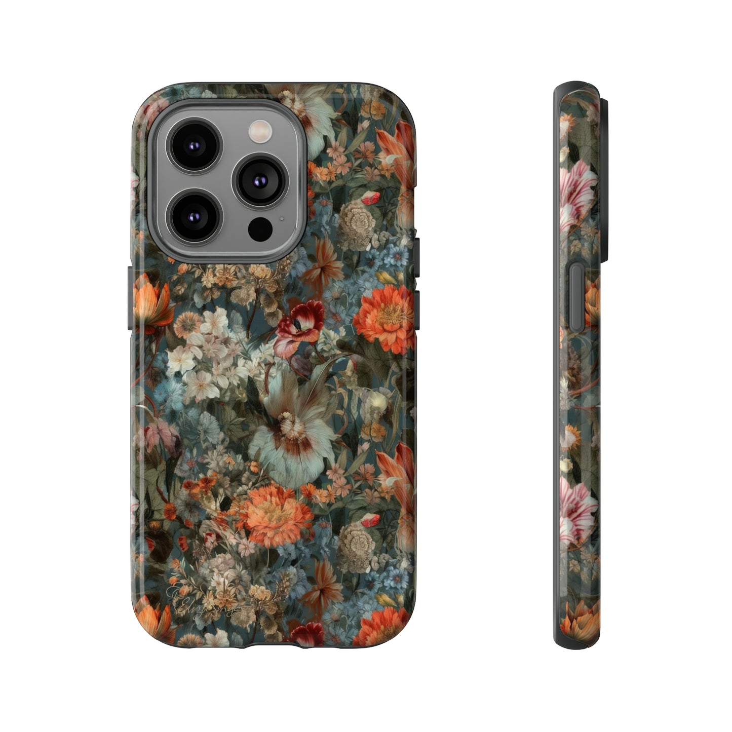 Blooms in Shadows: Botany Floral Dark Flowers iPhone Tough Protective Cover. A captivating blend of Flowers in muted colors, compatible with iPhone 15, 14, 13, XS, XR Pro/Max/Mini/P/Plus. Unleash Nature's Elegance with Durability and Style. #ElizaSinger #PhoneCase #FloralDesign