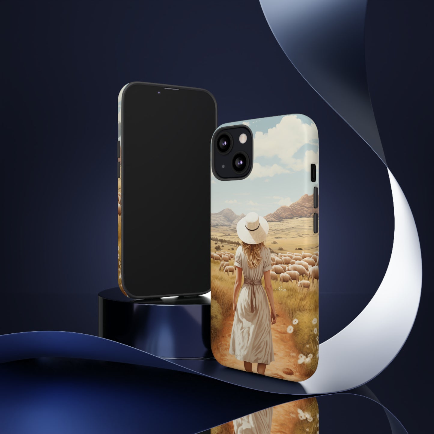 Dreamy Nostalgia: Immerse yourself in a vintage painted landscape with our Tough Western Cell Phone Case. Adorned with a woman in a hat strolling through a prairie with sheep, this edition captures the magic of the past. Elevate your phone with timeless charm. #ElizaSinger #PhoneCase