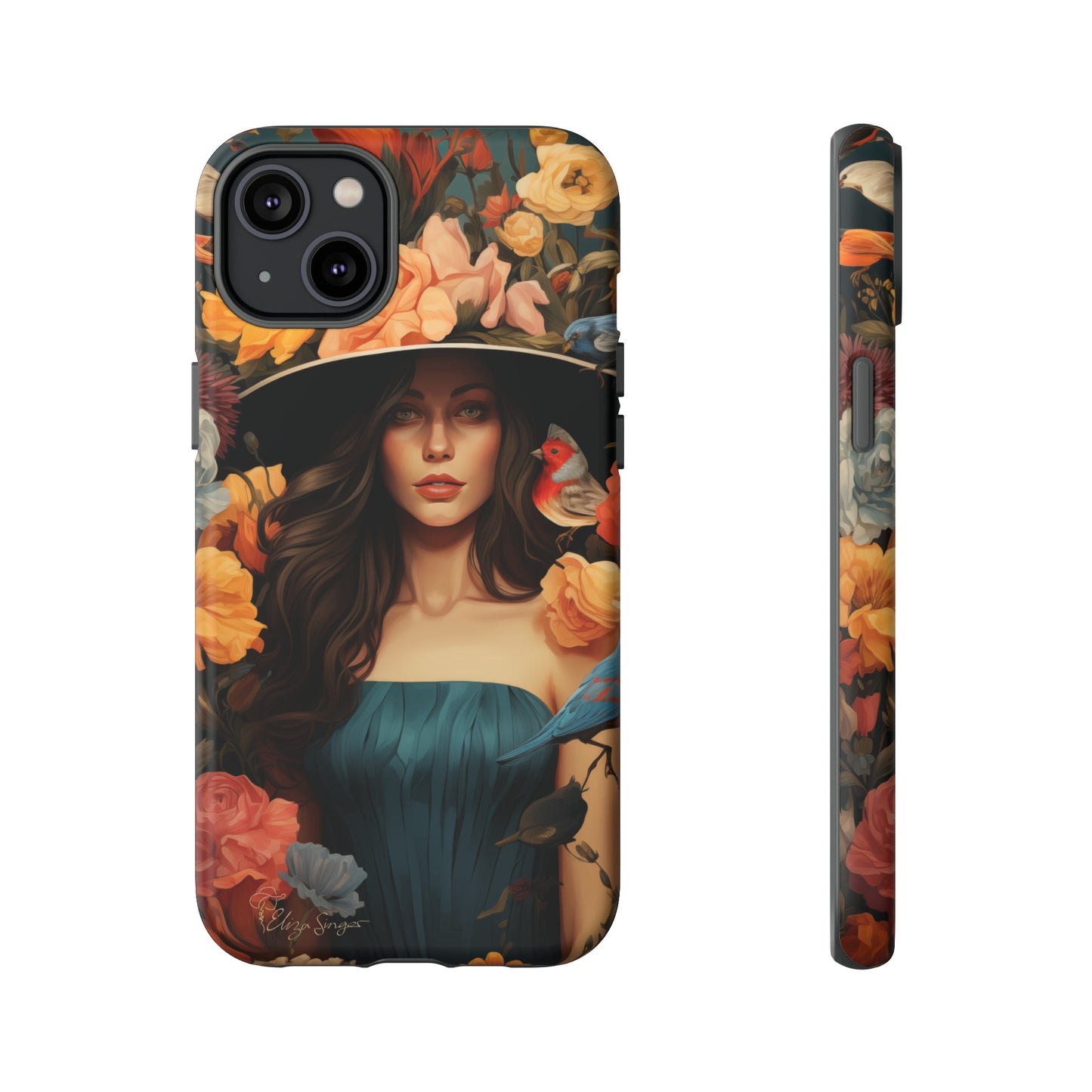 Dark Elegance Unveiled: Explore our Tough Cell Phone Case with a captivating dark background and a woman adorned with a hat amid blooming flowers. This edition seamlessly blends sophistication with robust protection, showcasing the allure of dark elegance. Elevate your style and shield your device. #ElizaSinger #PhoneCase #ElegantProtection