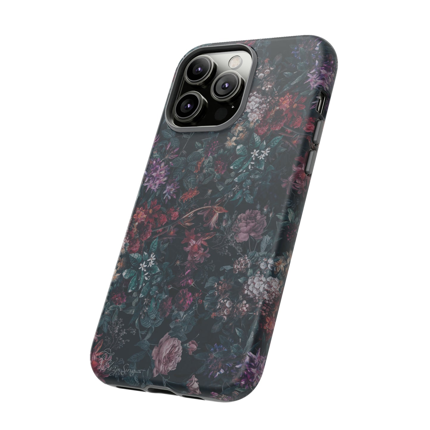 Blooms in Shadows: Botany Floral Dark iPhone Tough Protective Cover. A captivating blend of Flowers in a muted design, compatible with iPhone 15, 14, 13, 12, 11, XS, XR Pro/Max/Mini/P/Plus. Unleash Nature's Elegance with Durability and Style. #ElizaSinger #PhoneCase #FloralDesign