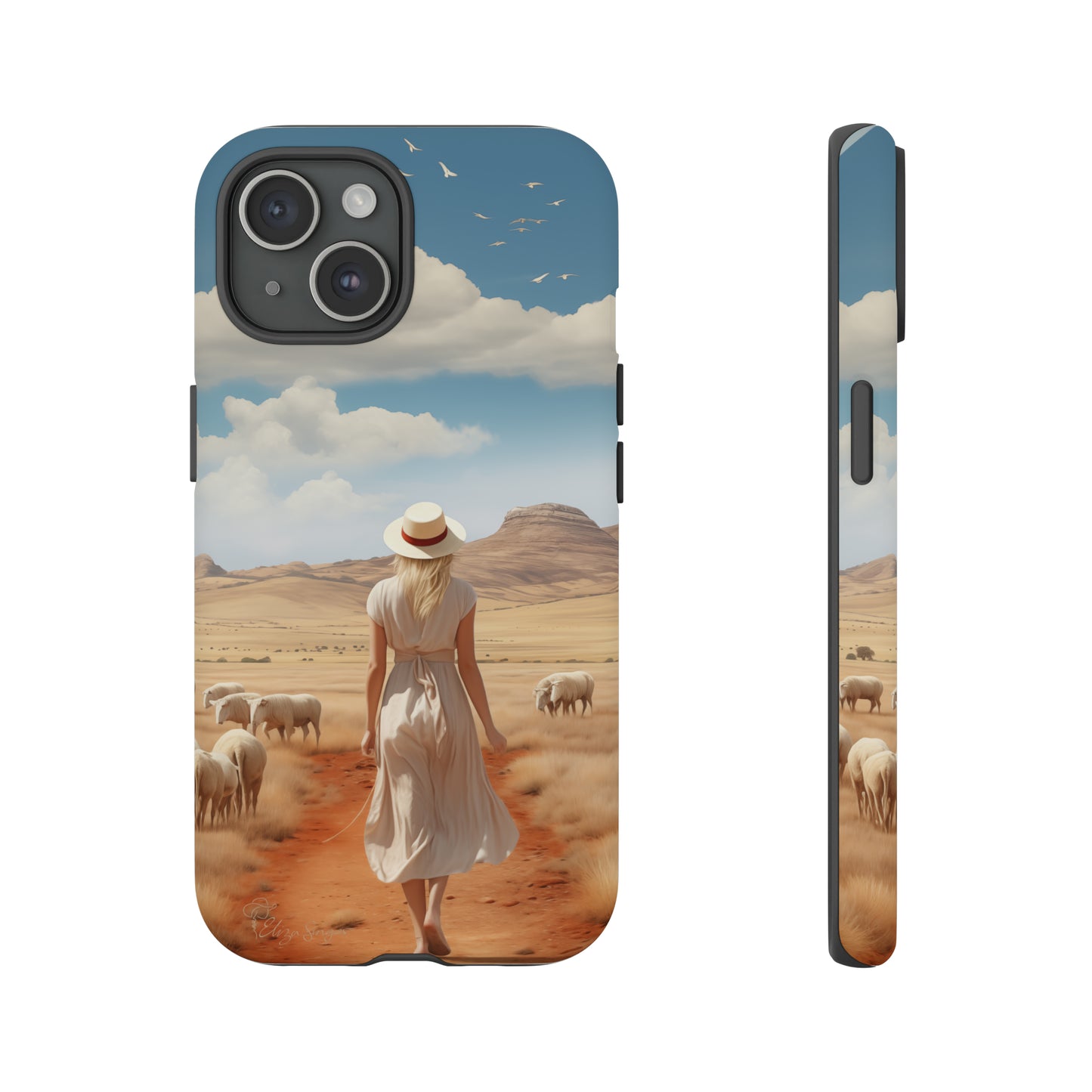 Serenity in Hand: Our Tough Western Cell Phone Case invites you to experience tranquility. A vintage painted design portrays a woman in a skirt and hat walking on a dirt road through a prairie, with grazing sheep. Let the vanishing horizon captivate your senses. Elevate your phone with timeless beauty. #ElizaSinger #PhoneCase
