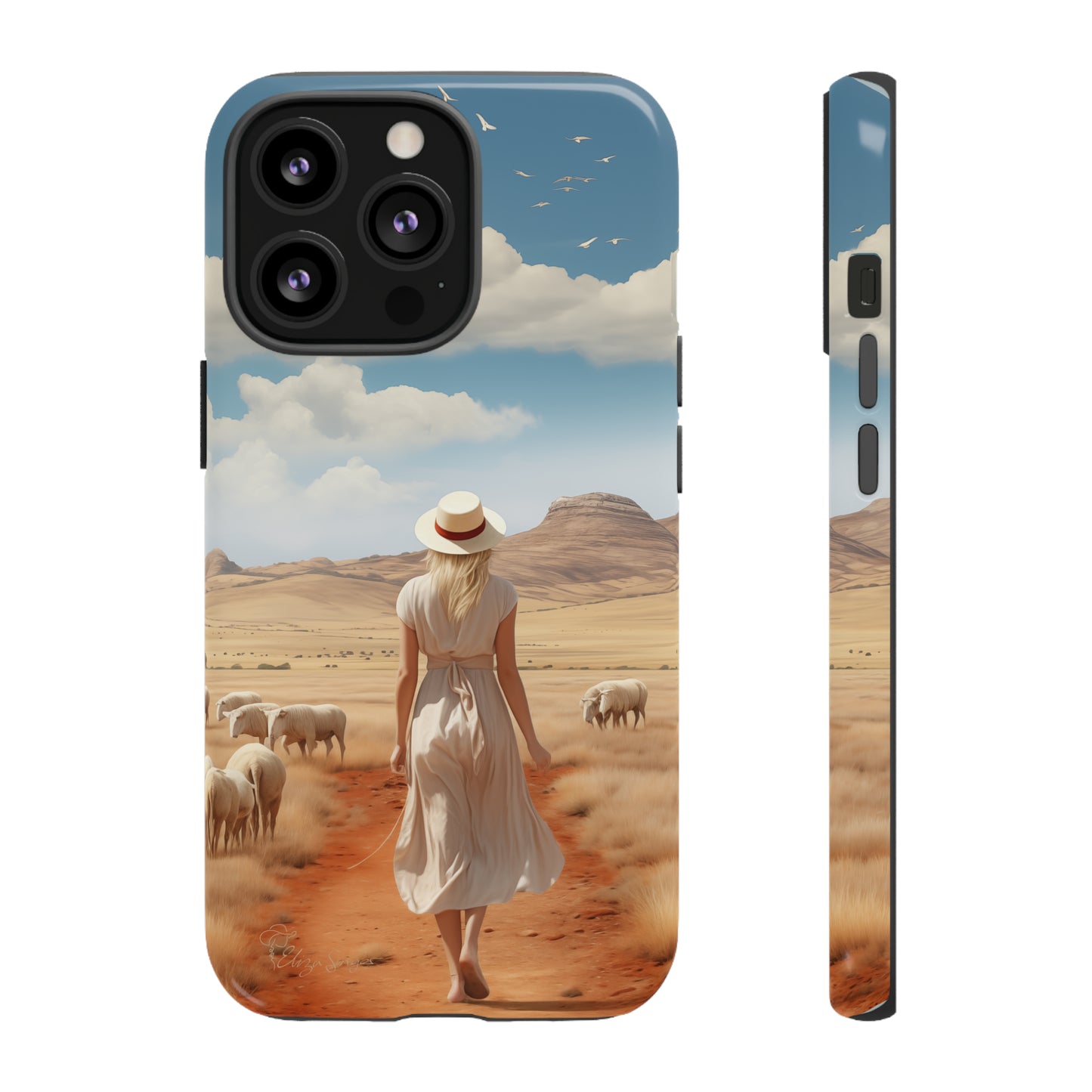 Serenity in Hand: Our Tough Western Cell Phone Case invites you to experience tranquility. A vintage painted design portrays a woman in a skirt and hat walking on a dirt road through a prairie, with grazing sheep. Let the vanishing horizon captivate your senses. Elevate your phone with timeless beauty. #ElizaSinger #PhoneCase