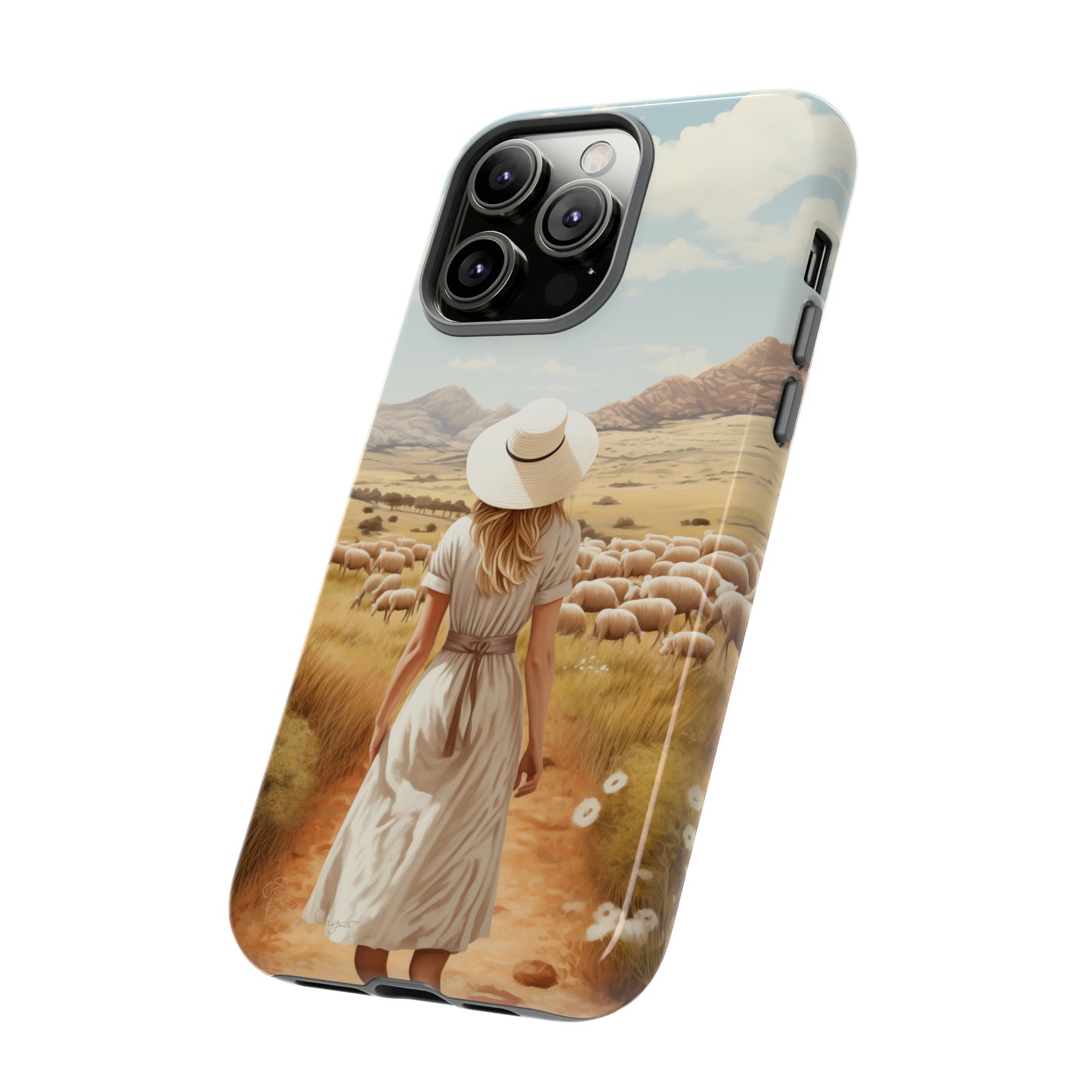 Dreamy Nostalgia: Immerse yourself in a vintage painted landscape with our Tough Western Cell Phone Case. Adorned with a woman in a hat strolling through a prairie with sheep, this edition captures the magic of the past. Elevate your phone with timeless charm. #ElizaSinger #PhoneCase