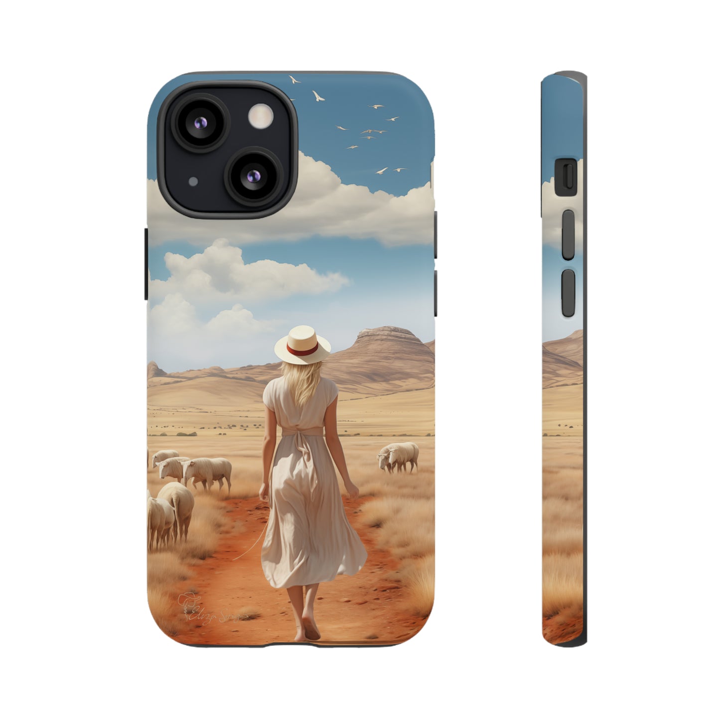 Serenity in Hand: Our Tough Western Cell Phone Case invites you to experience tranquility. A vintage painted design portrays a woman in a skirt and hat walking on a dirt road through a prairie, with grazing sheep. Let the vanishing horizon captivate your senses. Elevate your phone with timeless beauty. #ElizaSinger #PhoneCase