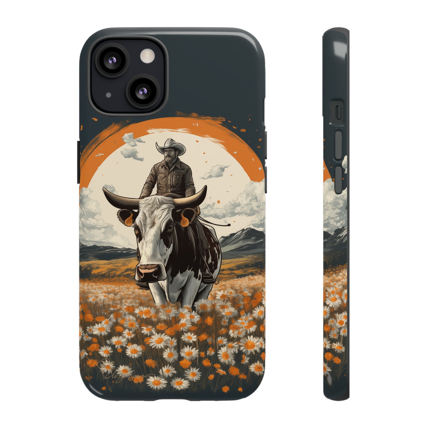 Meet 'Rugged Wrangler': Introducing our Tough Western Cell Phone Case. This unique design seamlessly combines rugged protection with a touch of whimsy, showcasing a fearless cowboy astride a dairy cow amidst a field of vibrant daisies. Elevate your style with this adventurous and protective accessory. #ElizaSinger #PhoneCase #RuggedWrangler