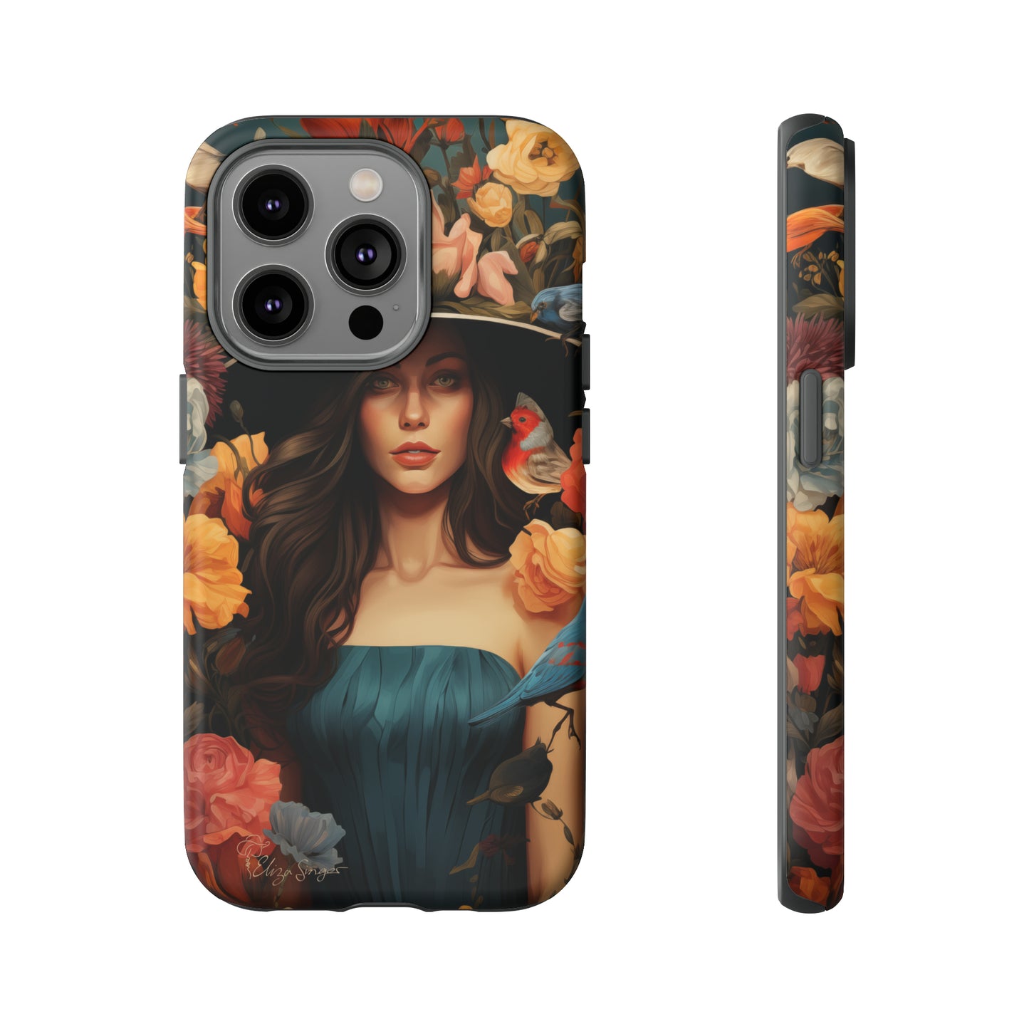 Dark Elegance Unveiled: Explore our Tough Cell Phone Case with a captivating dark background and a woman adorned with a hat amid blooming flowers. This edition seamlessly blends sophistication with robust protection, showcasing the allure of dark elegance. Elevate your style and shield your device. #ElizaSinger #PhoneCase #ElegantProtection