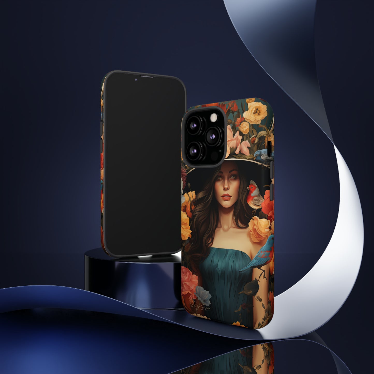 Dark Elegance Unveiled: Explore our Tough Cell Phone Case with a captivating dark background and a woman adorned with a hat amid blooming flowers. This edition seamlessly blends sophistication with robust protection, showcasing the allure of dark elegance. Elevate your style and shield your device. #ElizaSinger #PhoneCase #ElegantProtection