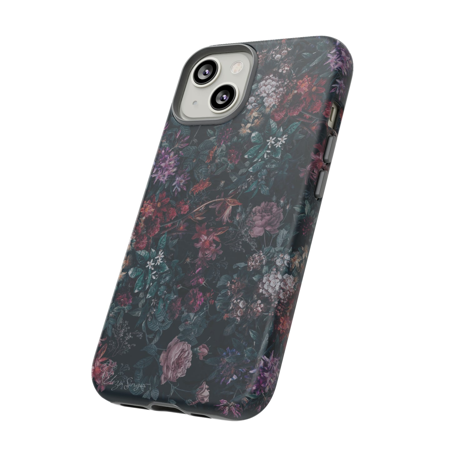 Blooms in Shadows: Botany Floral Dark iPhone Tough Protective Cover. A captivating blend of Flowers in a muted design, compatible with iPhone 15, 14, 13, 12, 11, XS, XR Pro/Max/Mini/P/Plus. Unleash Nature's Elegance with Durability and Style. #ElizaSinger #PhoneCase #FloralDesign