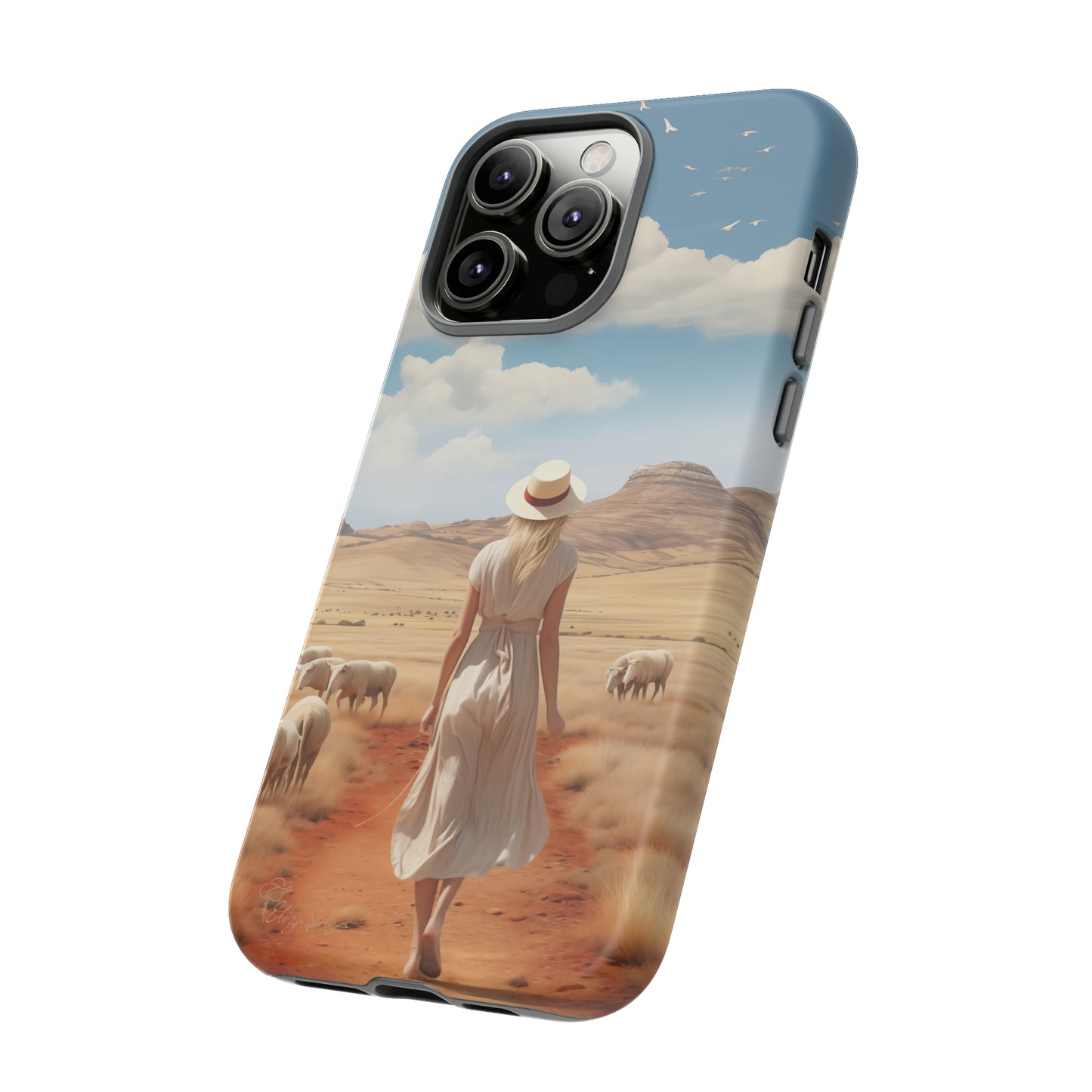Serenity in Hand: Our Tough Western Cell Phone Case invites you to experience tranquility. A vintage painted design portrays a woman in a skirt and hat walking on a dirt road through a prairie, with grazing sheep. Let the vanishing horizon captivate your senses. Elevate your phone with timeless beauty. #ElizaSinger #PhoneCase